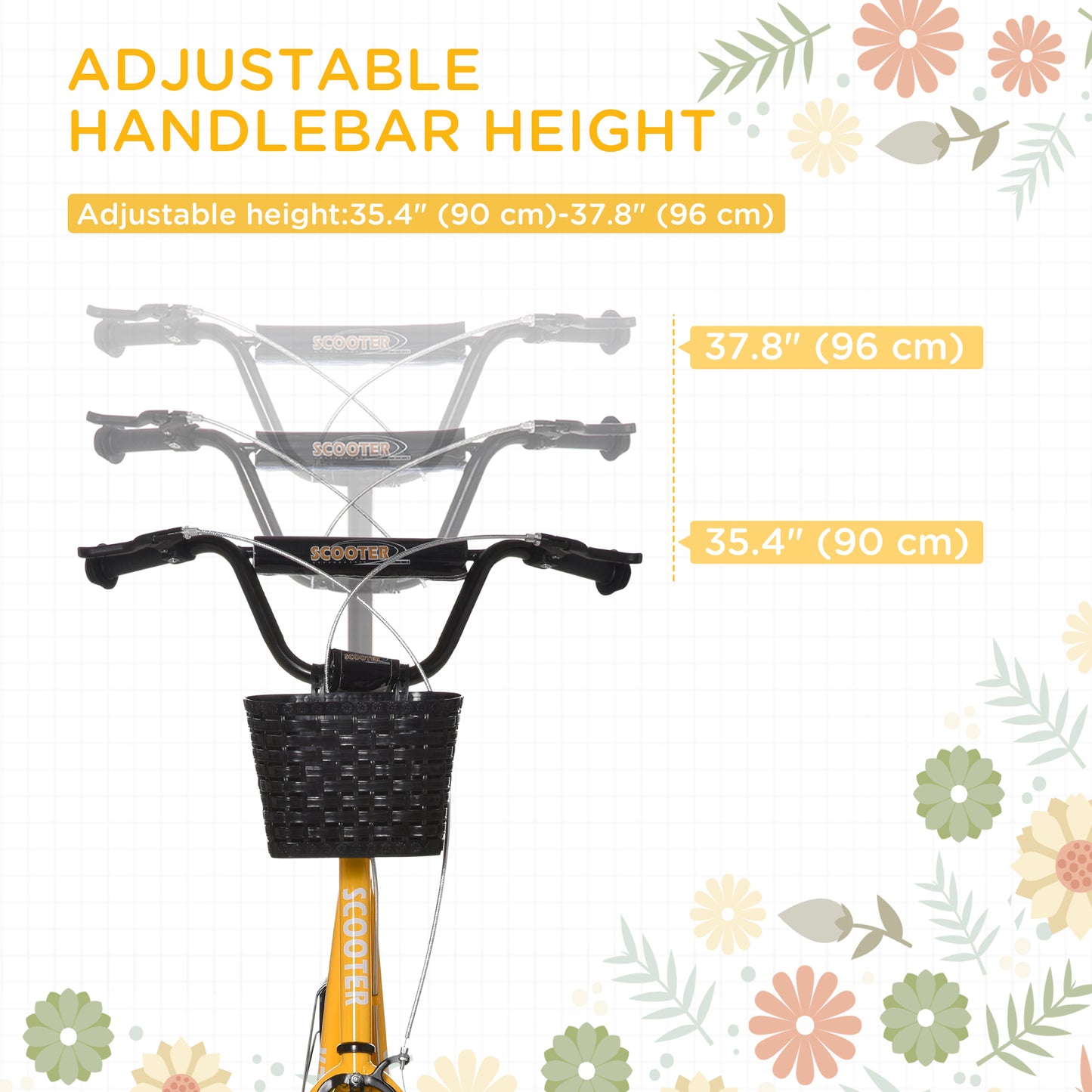 Kick Scooter with Adjustable Handlebar, Kids Scooter with 2 Brakes Basket Cupholder 16" Inflatable Rubber Tyres Orange Kids Crystal