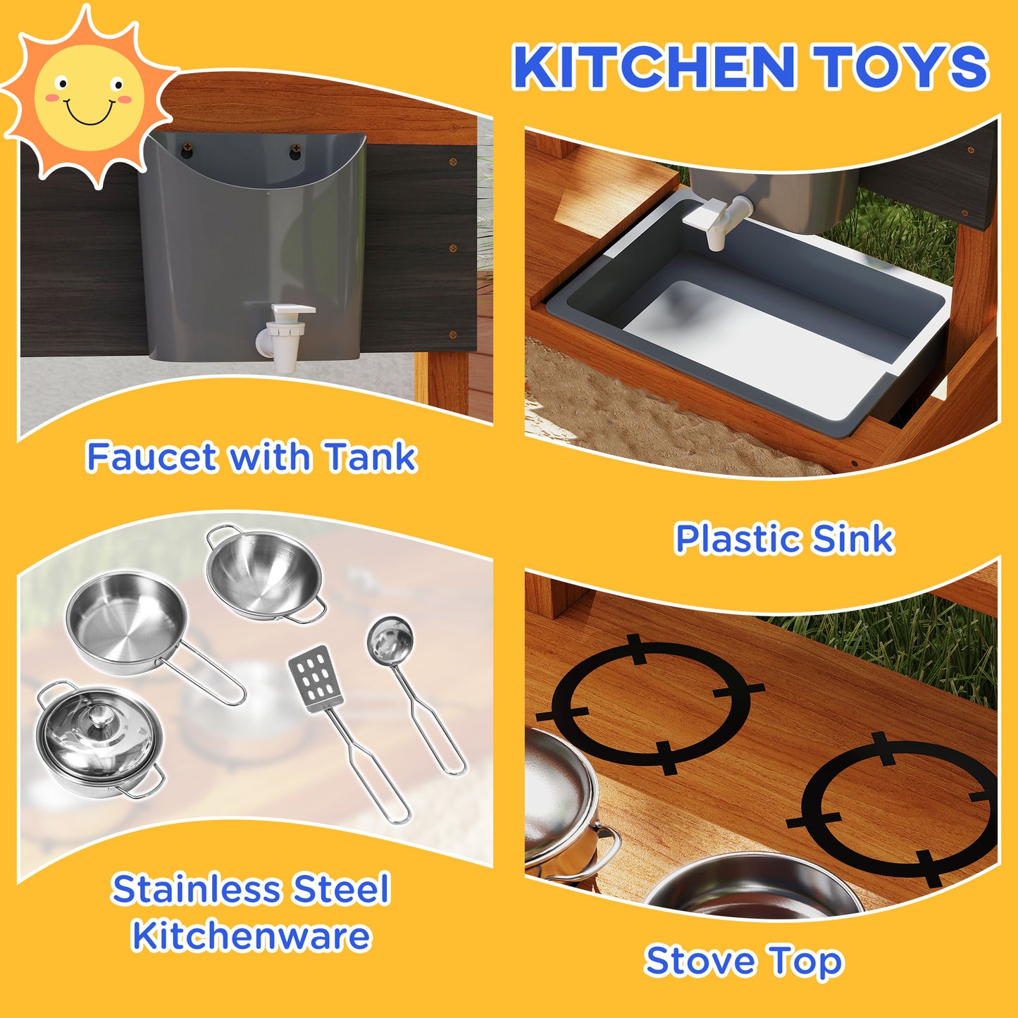 Kids Sandbox with Cover Kitchen Playset Toys, Wooden Sand Box with Seat, Storage, for 3-7 Years Old, Red Kids Crystal