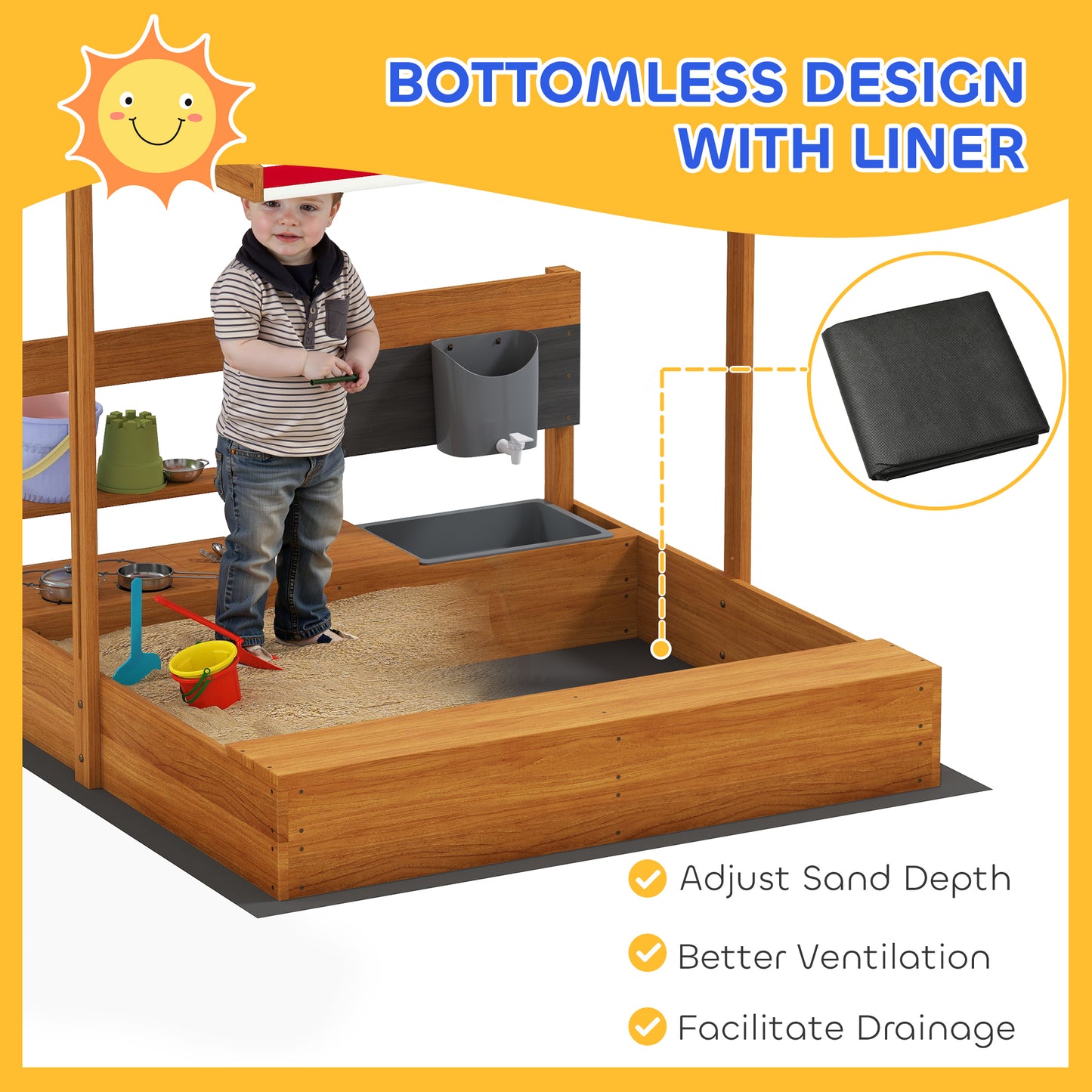 Kids Sandbox with Cover Kitchen Playset Toys, Wooden Sand Box with Seat, Storage, for 3-7 Years Old, Red Kids Crystal