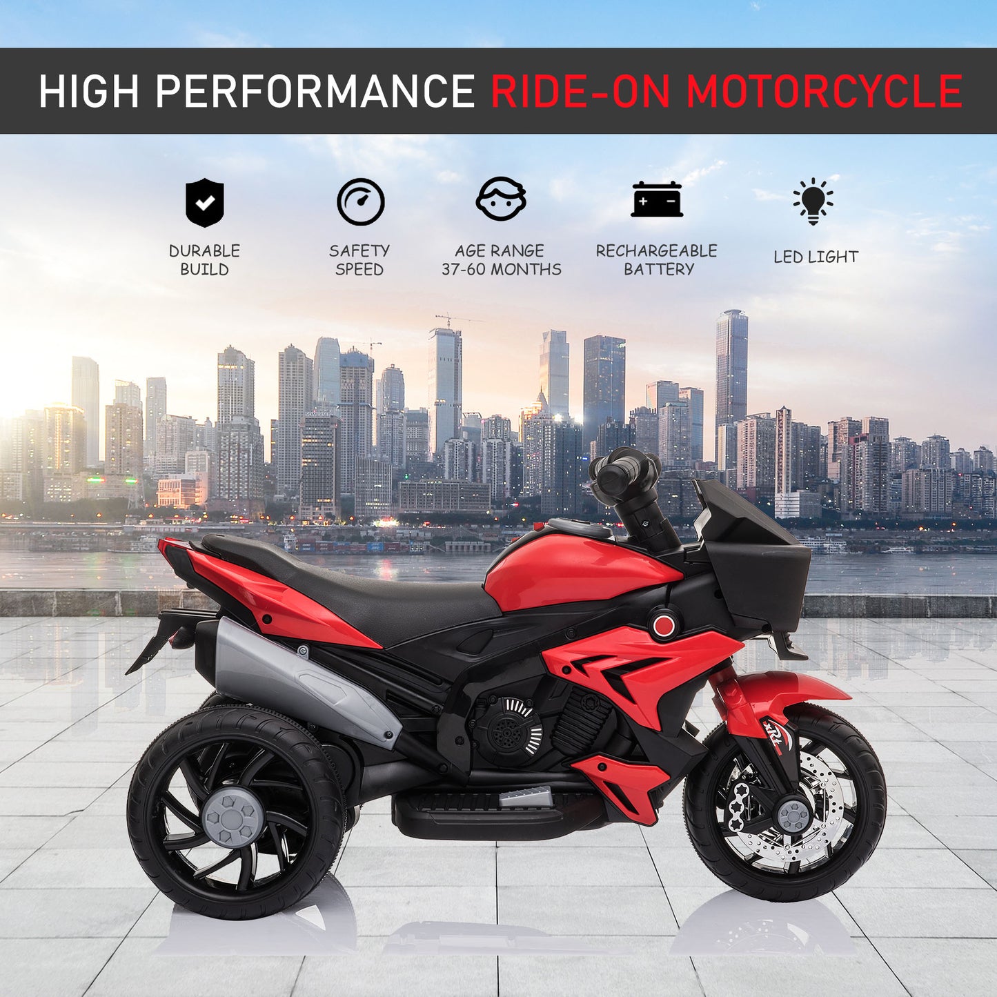 Kids Electric Motorcycle Ride-On Toy 6V Battery Powered with Music Horn Headlights Red Kids Crystal