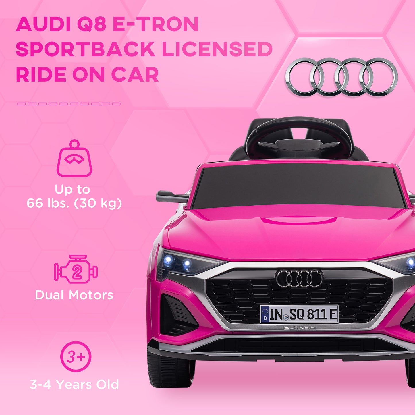 12V Battery Powered Kids Electric Car, Audi Q8 etron Sportback Licensed Ride on Car w/ Remote Control, Pink Kids Crystal