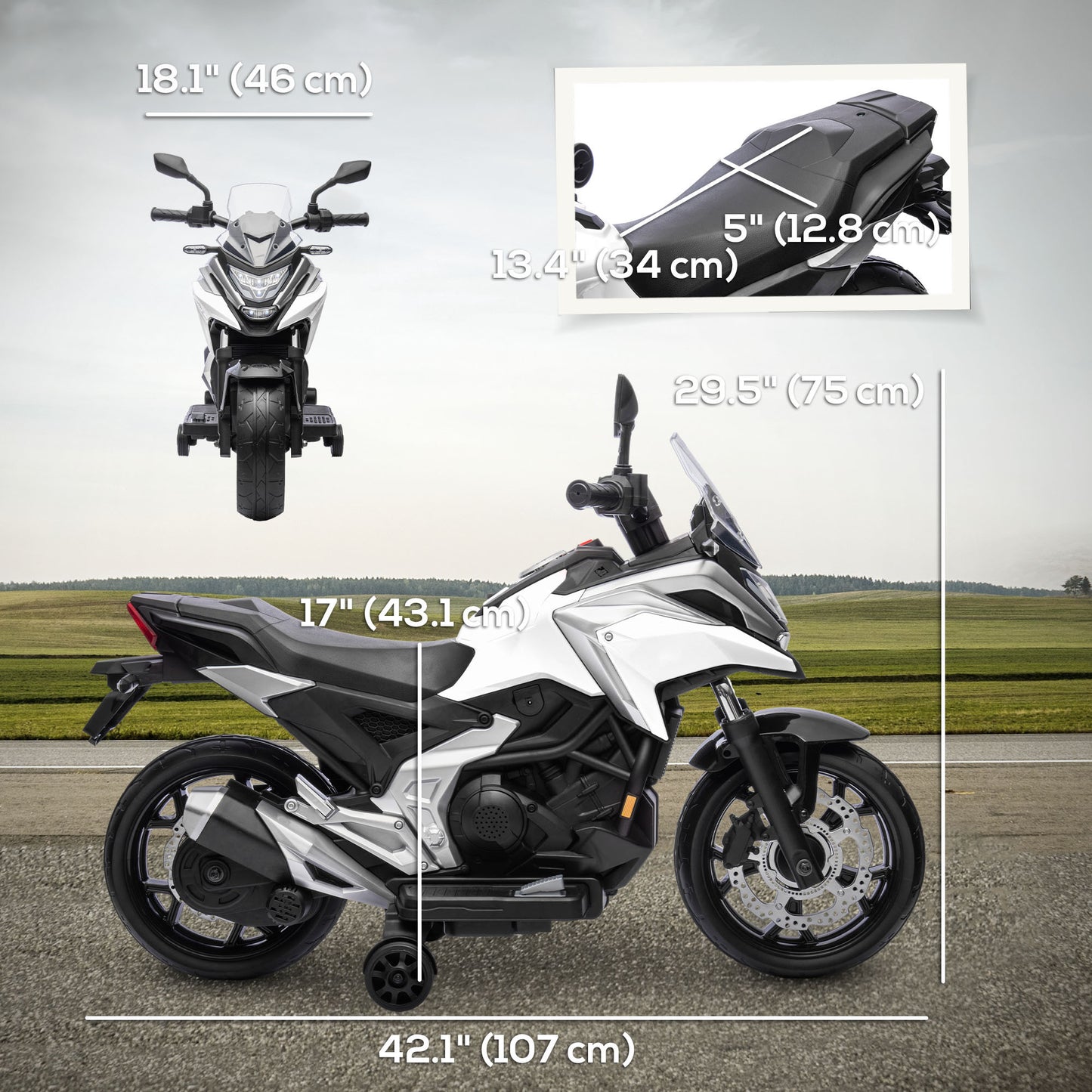 Honda Licensed 12V Ride on Motorbike for Kids with Headlights Music Training Wheels, for 3-6 Years, White Kids Crystal