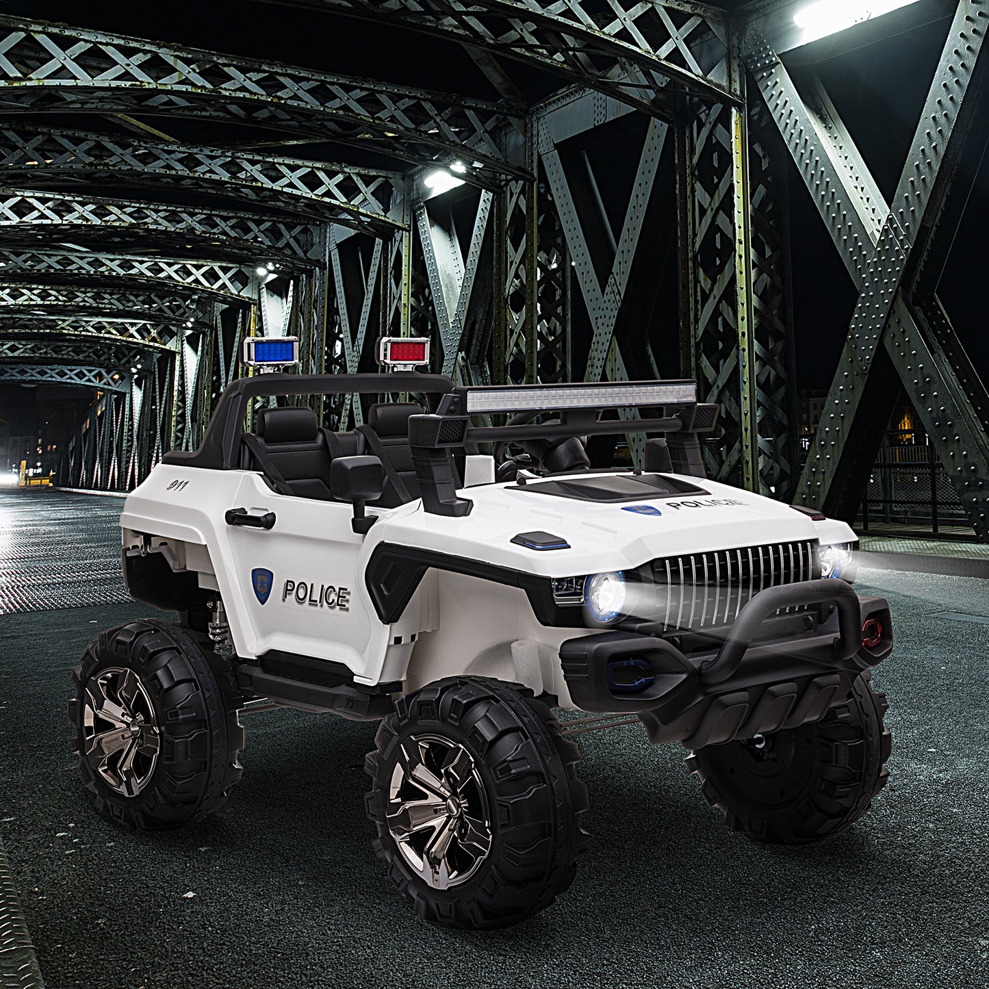 12V Kids Police Truck Ride-On Car RC 2-Seater with LED Lights MP3 Parental Remote Control White Kids Crystal