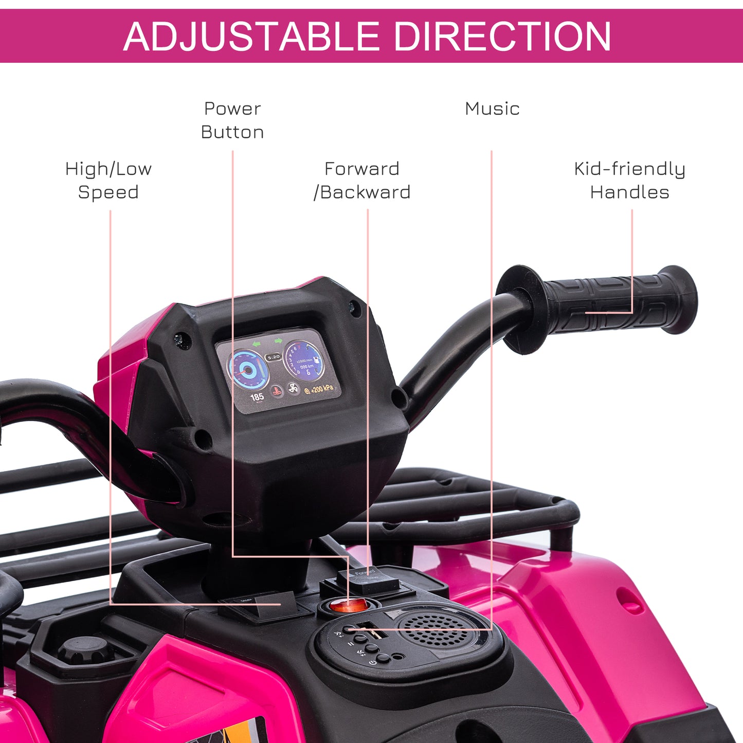 Kids ATV: 12V, 4 Wheeler Quad, Battery Powered, Music, LED Lights, Treaded Tires, 3-5 Years, Pink Kids Crystal