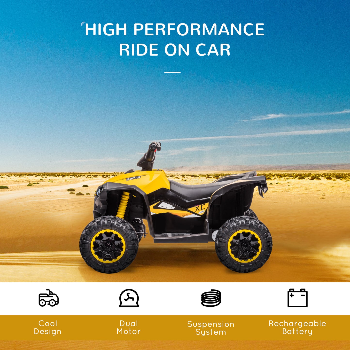 Kids 4 Wheeler Quad Bike ATV Music MP3 Headlights Speed Control Electric Rechargeable Battery Powered 3-5 Years Yellow Kids Crystal