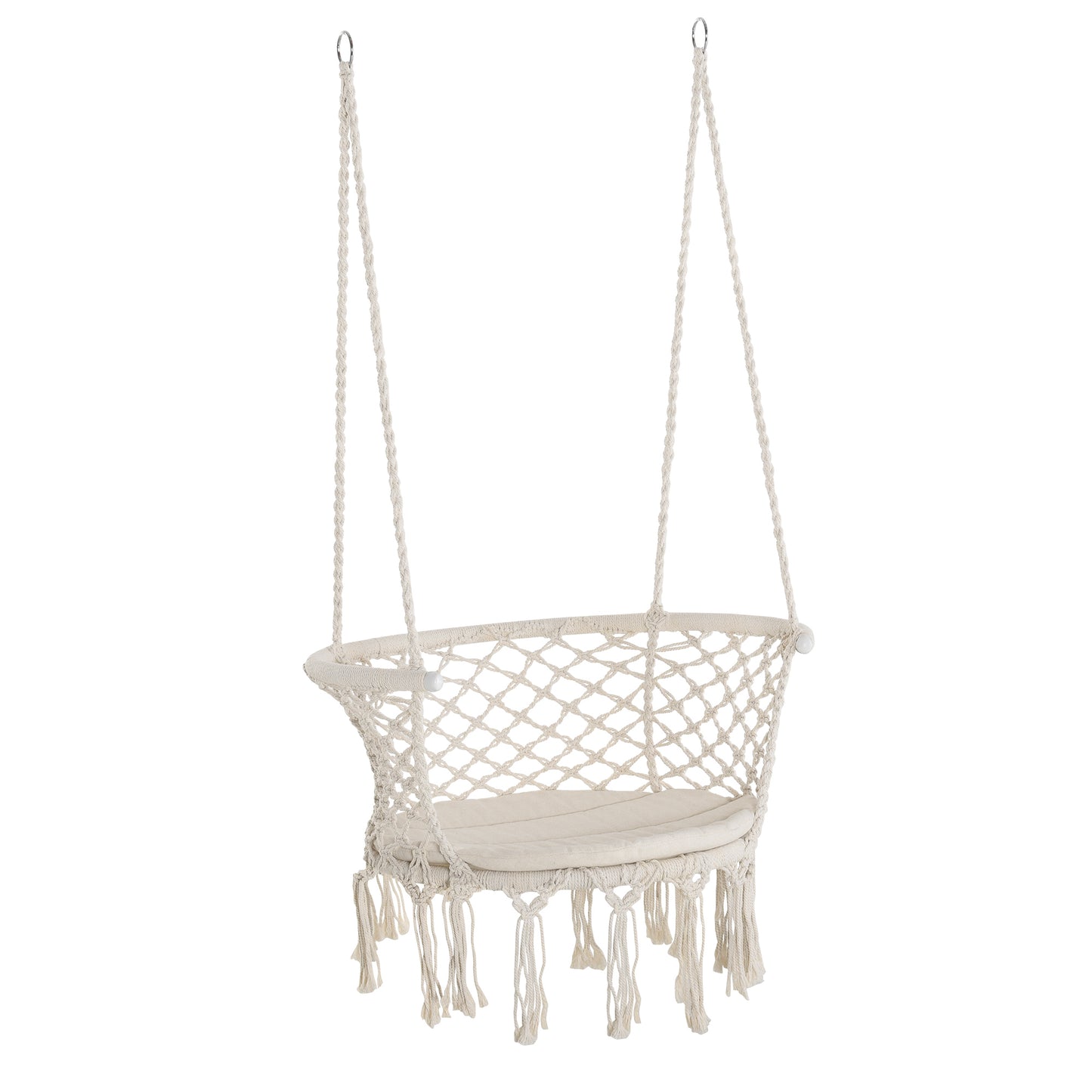Cotton Rope Hanging Hammock Chair Swing with Cushion Metal Frame for Patio Garden Cream White Kids Crystal