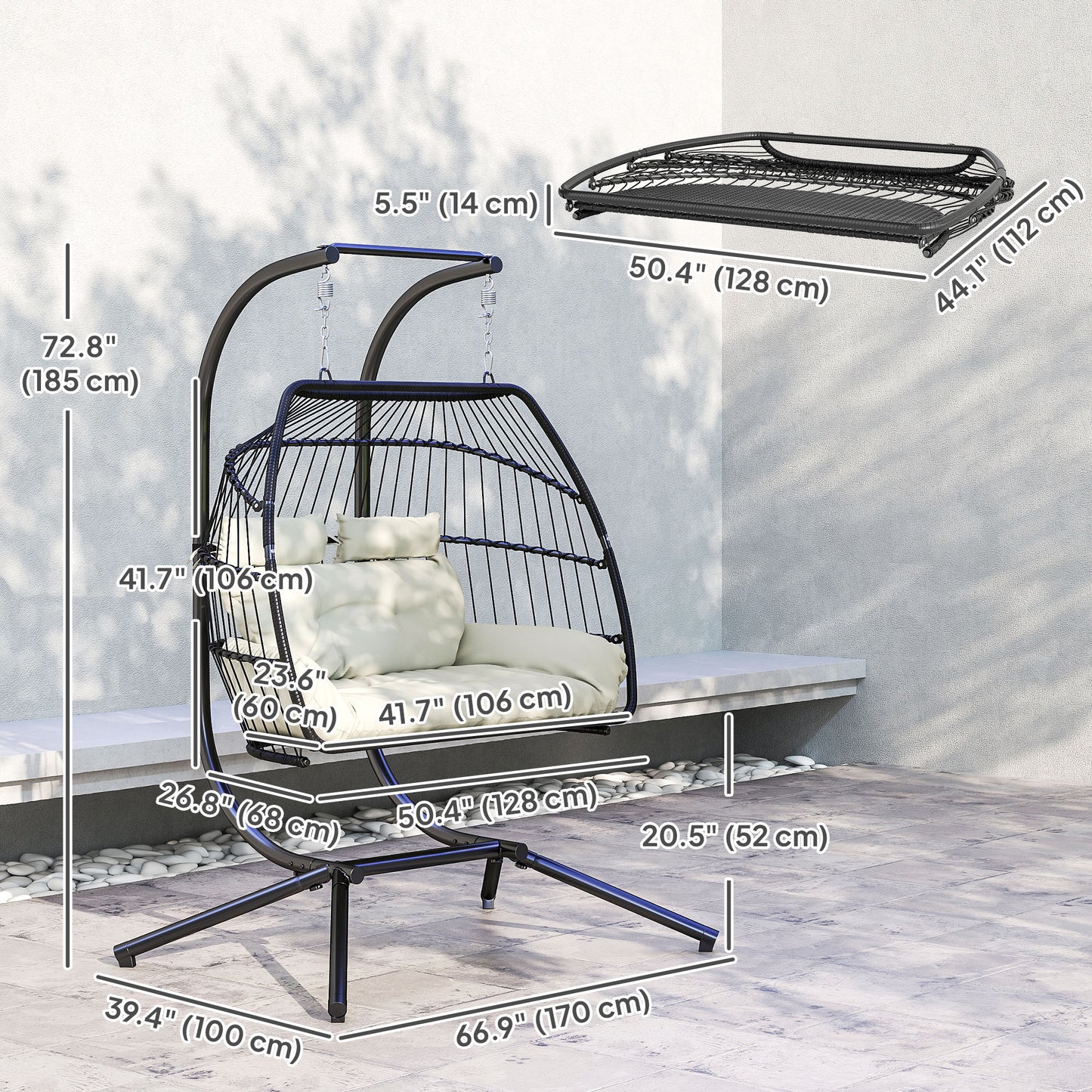 Double Wicker Egg Swing Chair with Stand, Foldable Hanging Egg Chair with UV Resistant Cushion, Headrest, Cream White Kids Crystal