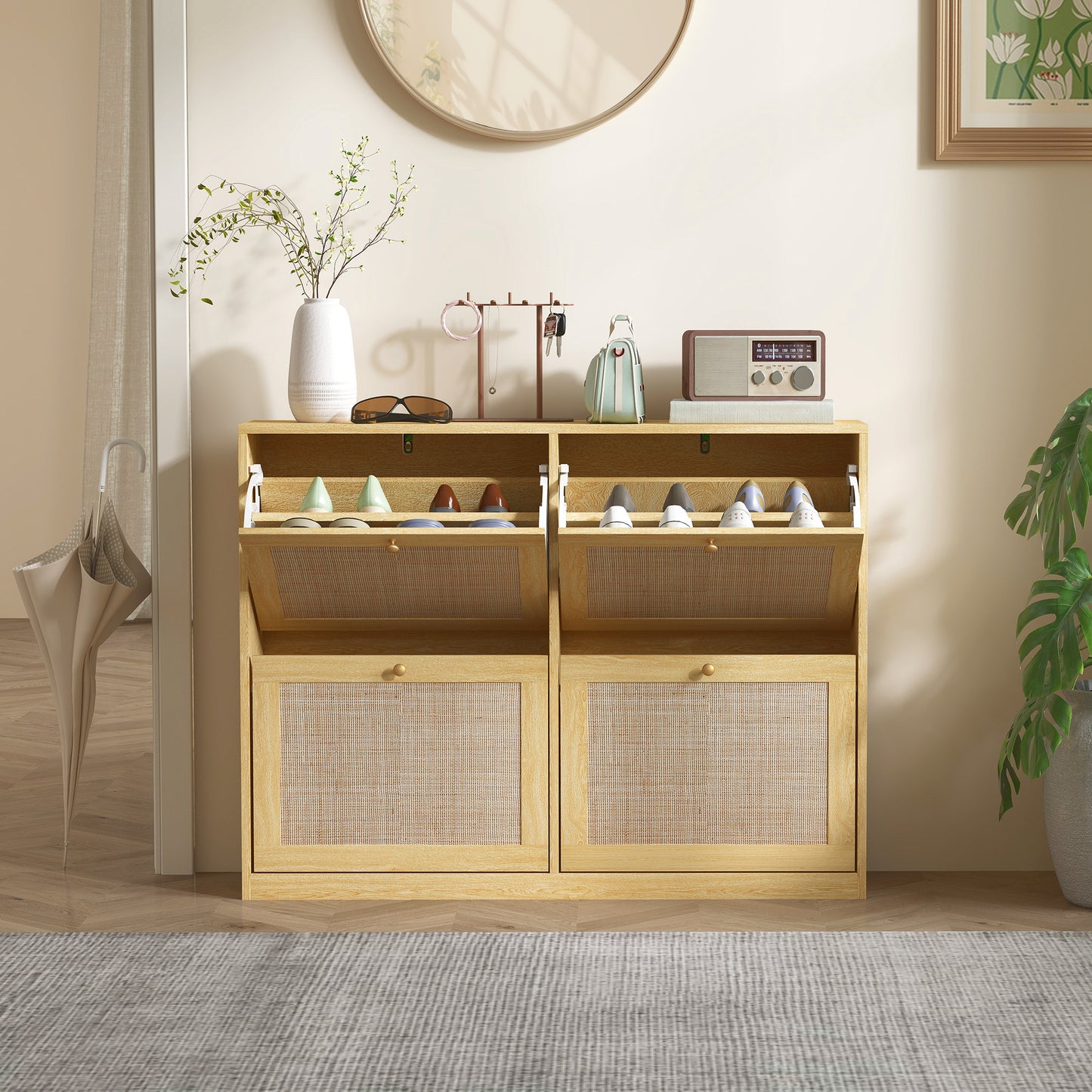 Narrow Shoe Storage Cabinet, Rattan Shoe Cabinet with 4 Flip Drawers and Adjustable Shelves for 20 Pairs, Oak Kids Crystal