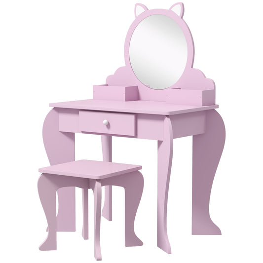 Makeup Vanity with Mirror and Stool Cat Design Drawer Storage Boxes for 3-6 Years Old Pink Kids Crystal