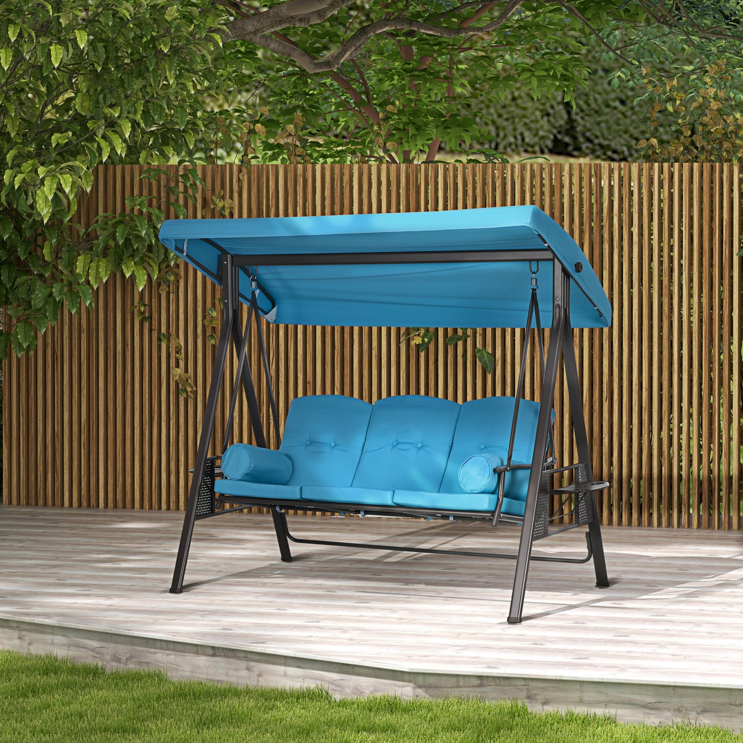 Outdoor Patio 3-Person Steel Canopy Cushioned Seat Bench Swing with Included Side Trays & Padded Comfort, Light Blue Kids Crystal