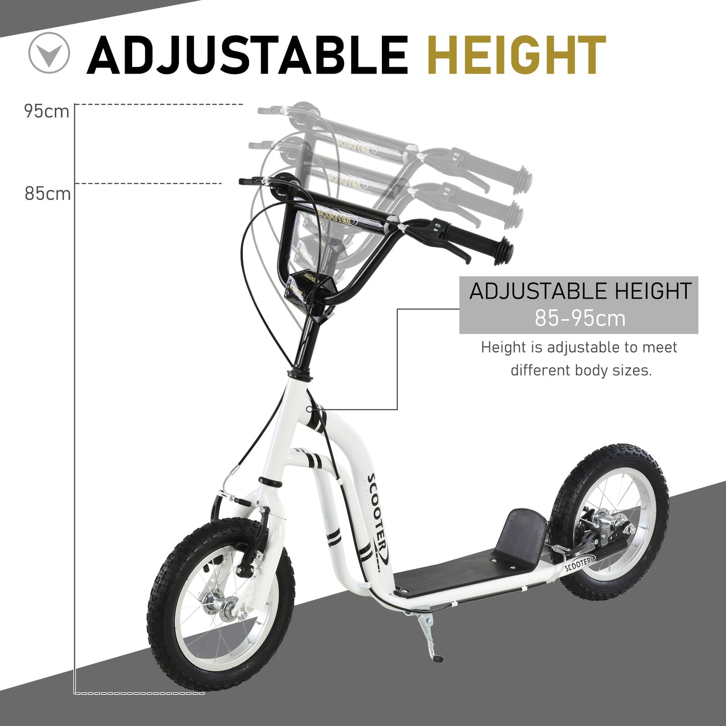 Dual Brakes Kick Scooter 12-Inch Inflatable Front Wheel Ride On Toy for Age 5+, White Kids Crystal