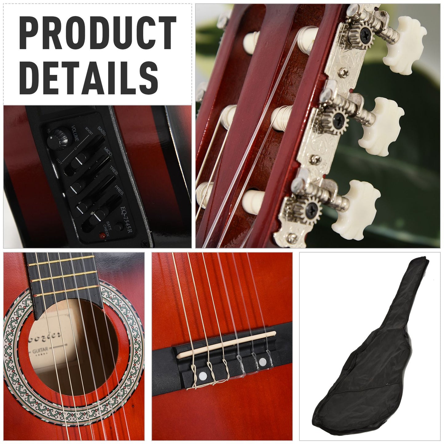 39.5 Inch Acoustic Electric Guitar for Beginner with Strings, Stand, Beige Strap, 3 Picks and Case Bag, Wine Red Kids Crystal
