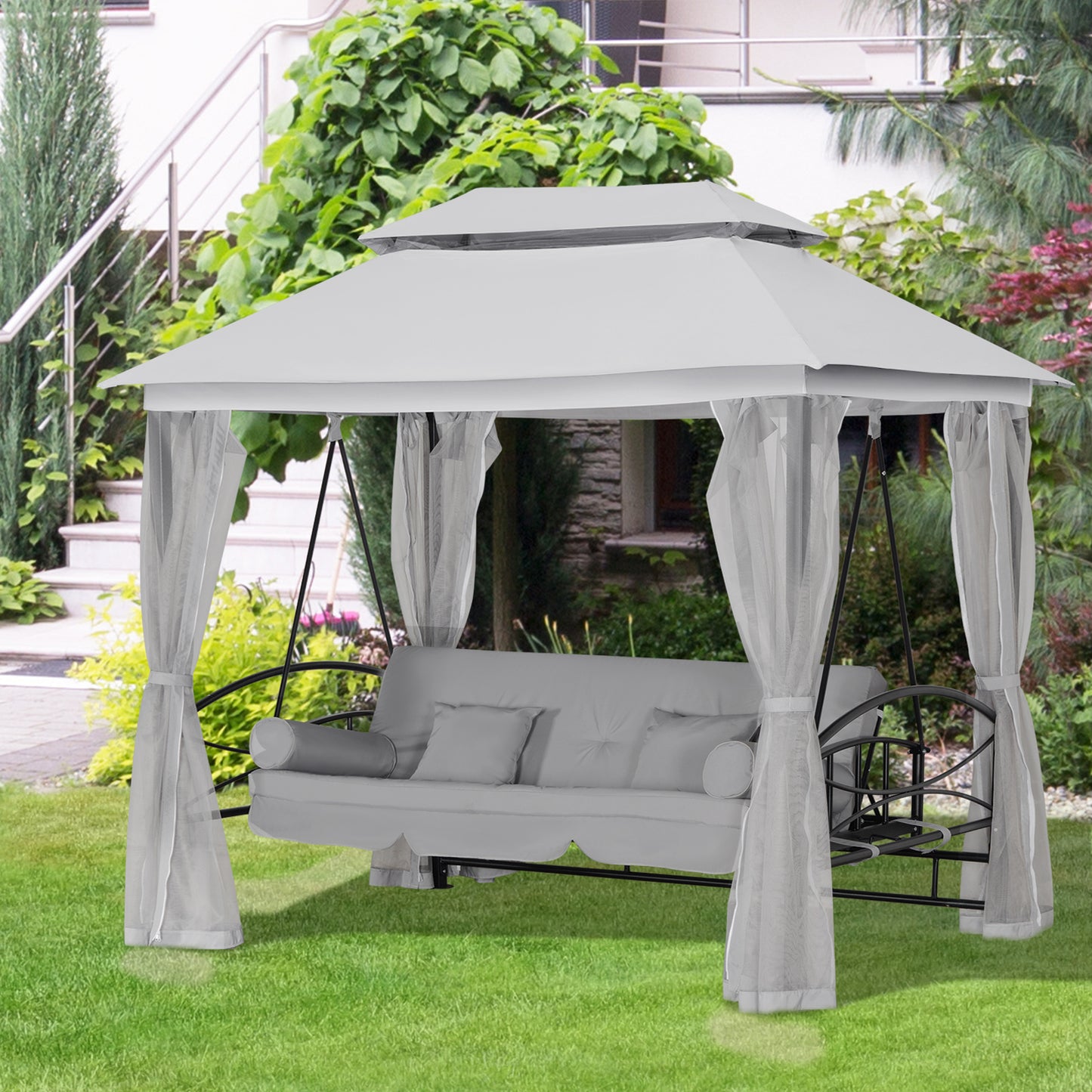 3 Person Outdoor Patio Daybed, 3 in 1 Canopy Gazebo Swing Chair Garden Hammock with Mesh Mosquito and Sun Shade, Grey Kids Crystal