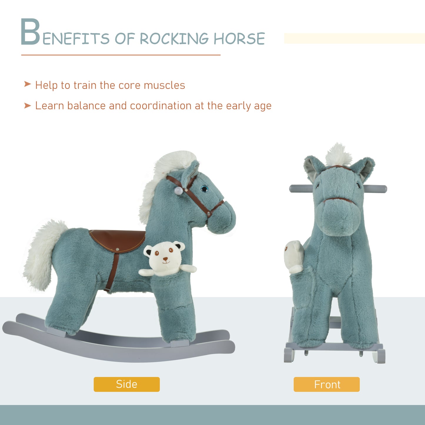 Toddler Rocking Horse - Blue Plush Ride-On Toy with Bear and Realistic Sounds for Kids 18-36 Months Kids Crystal