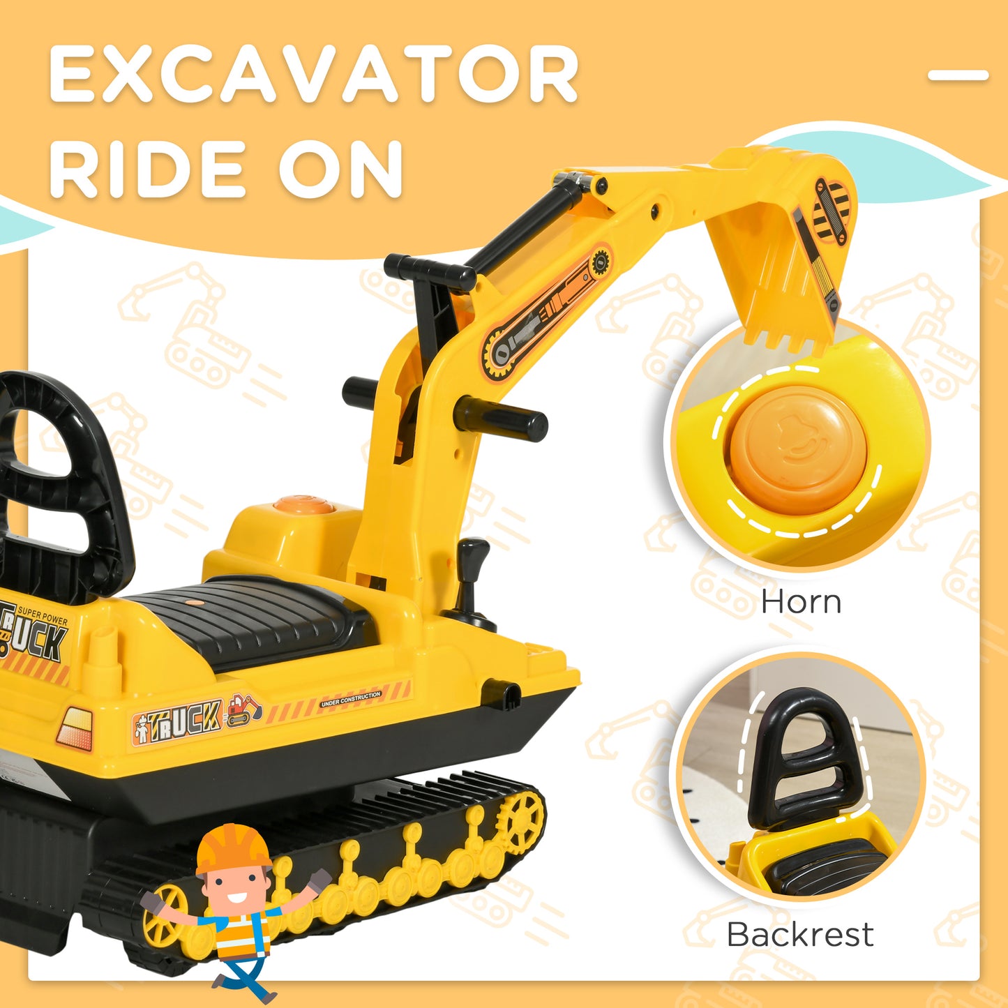 Ride On Excavator Toy Tractors Digger Movable Scooter Walker Pretend Play for Toddlers Yellow Black Kids Crystal