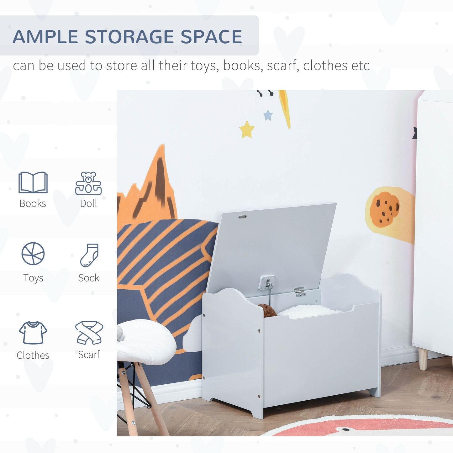 Large Wooden Toy Storage Box Organizer with Magnetic Hinge for Kids Playroom Chest with Groove Handle Grey Kids Crystal