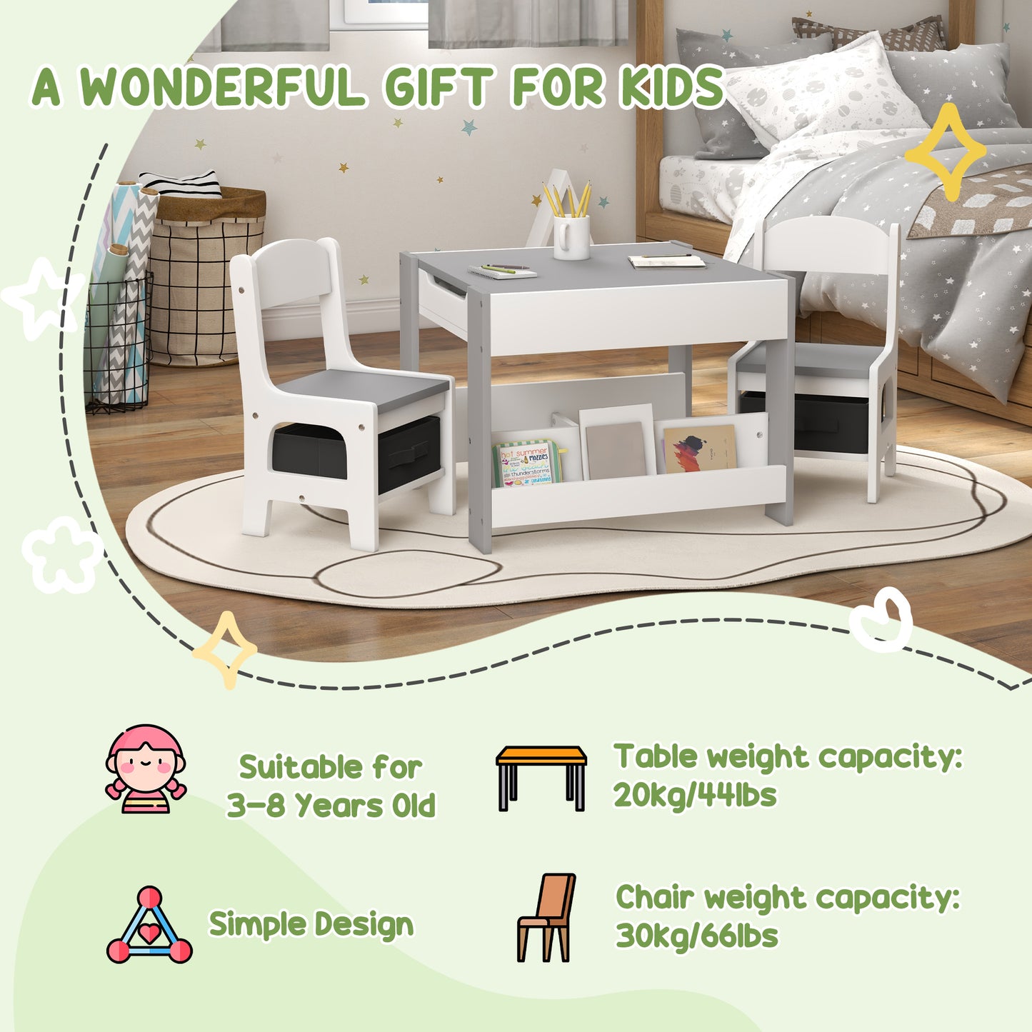3-Piece Kids Playroom Set with Reversible Tabletop, Blackboard, Storage & Bookshelf in Grey