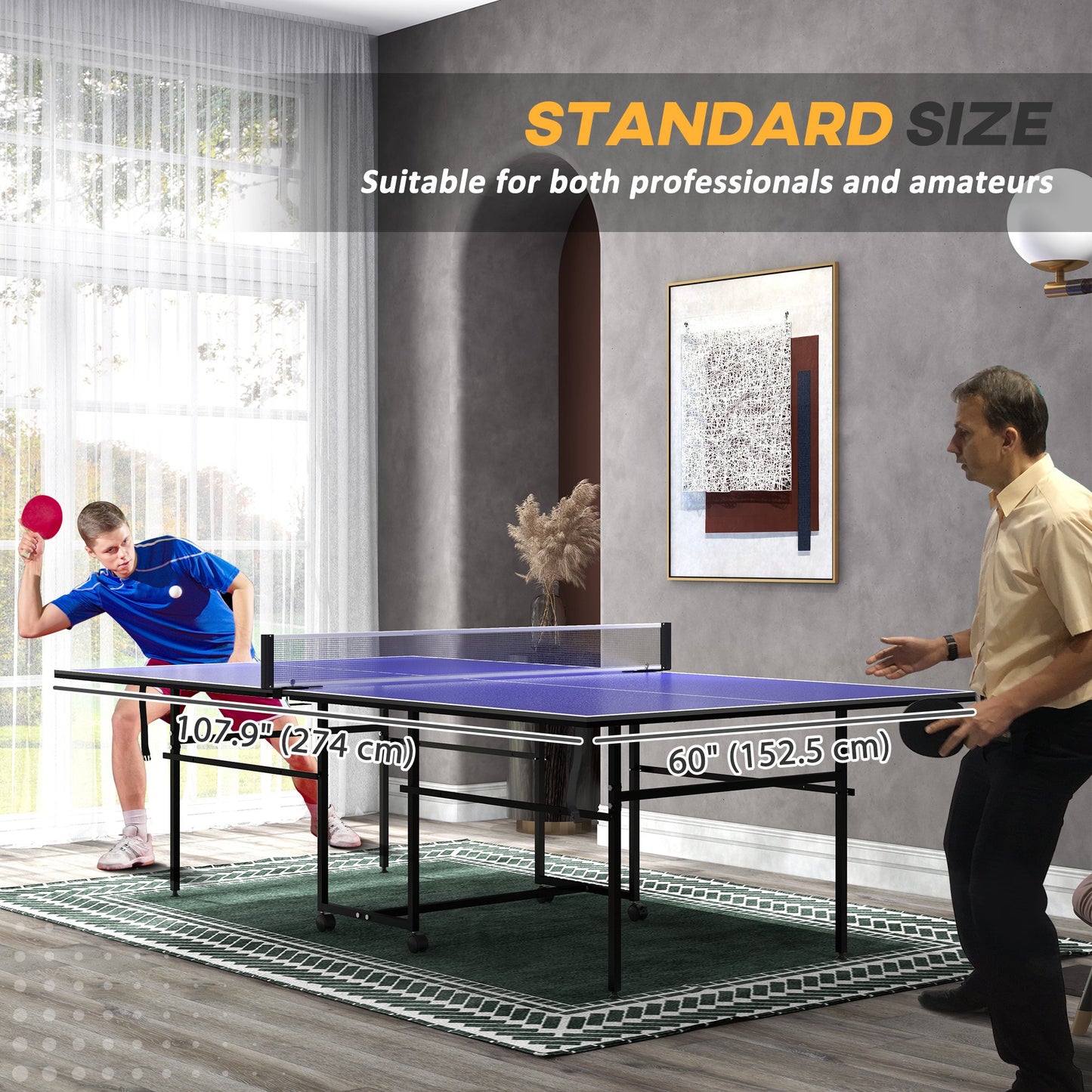 Full Size Table Tennis Table, Folding Ping Pong Table with Net, Paddles, Balls and Wheels, Blue Kids Crystal