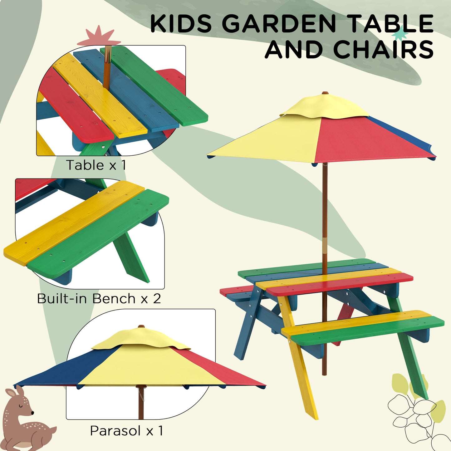 Kids Wooden Picnic Table Bench Set with Removable Umbrella, Ideal for Backyard, Garden, Ages 3-6