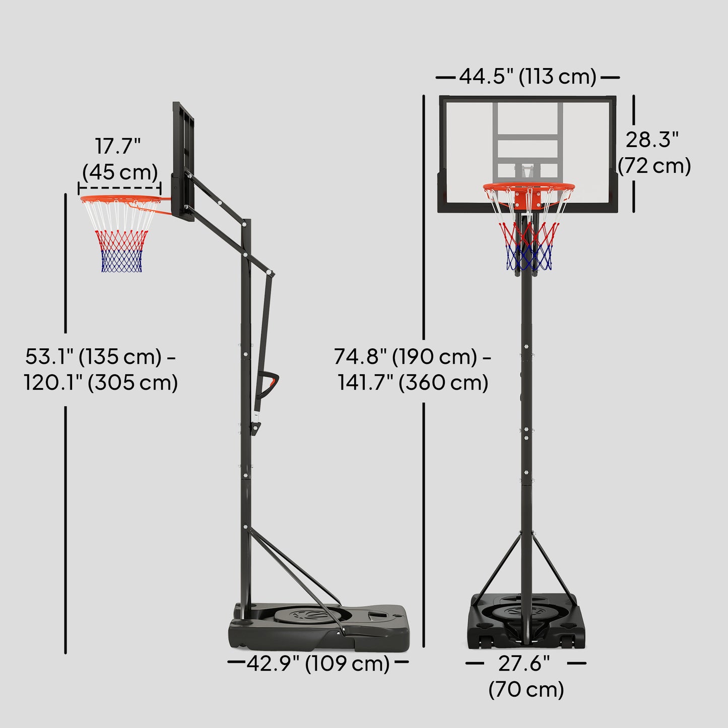Basketball Hoop Outdoor, 4.4-10ft Portable Basketball Goal with Wheels and 44.5" Backboard, for Teenagers Youth Adults Kids Crystal