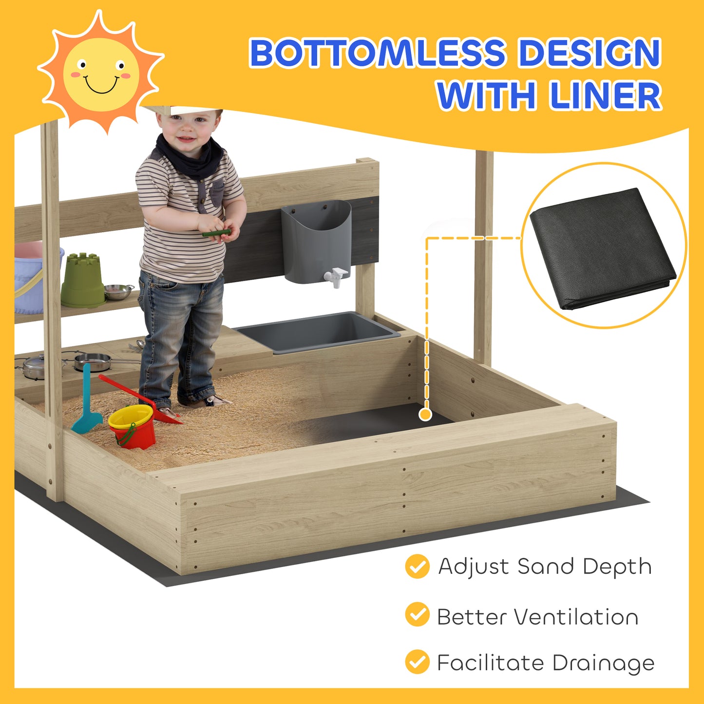 Kids Sandbox with Cover Kitchen Playset Toys, Wooden Sand Box with Seat, Storage, for 3-7 Years Old, Natural Wood Kids Crystal