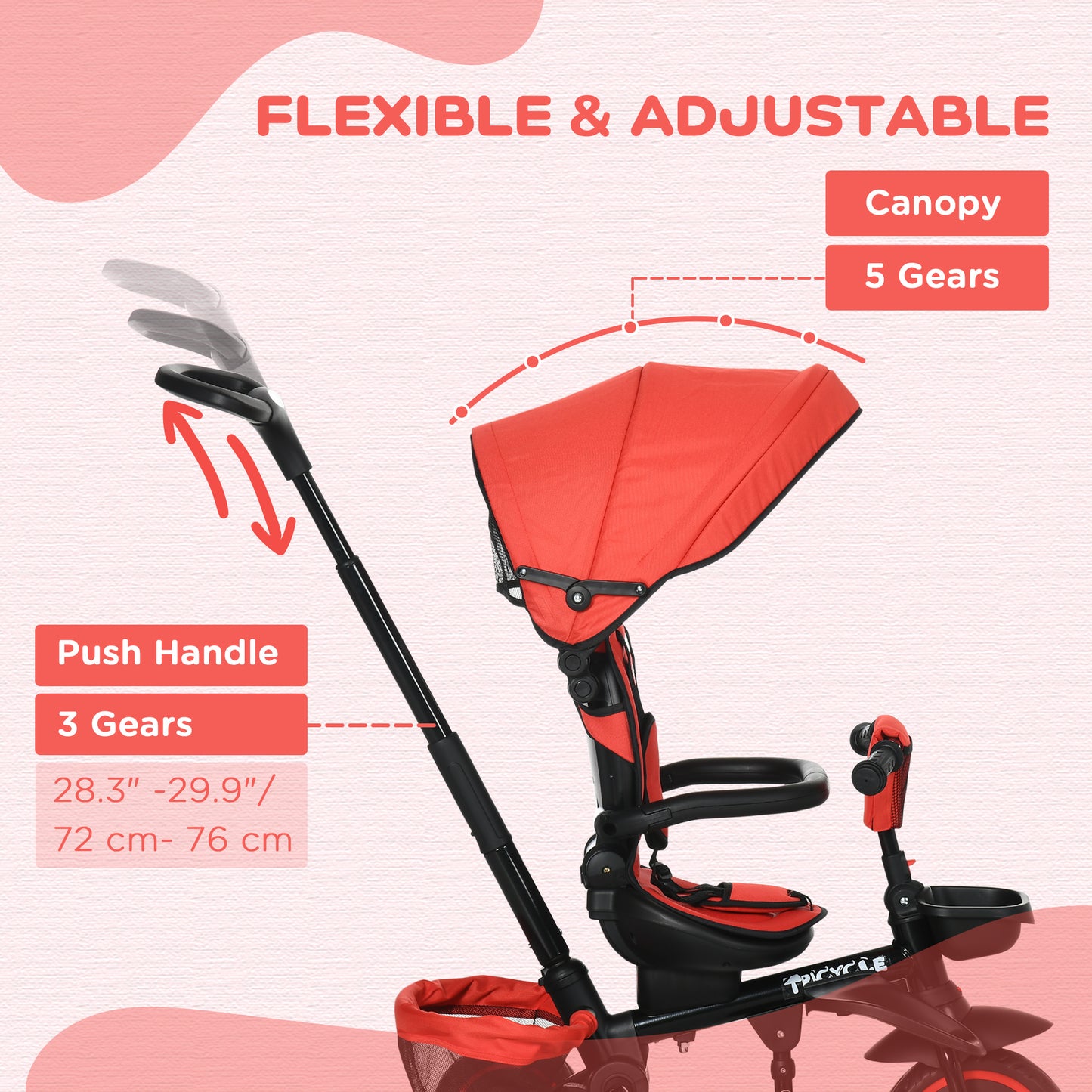 6-in-1 Toddler Tricycle, Kids Trike with Rotatable Seat, Adjustable Push Handle, Safety Harness, Detachable Canopy, Red