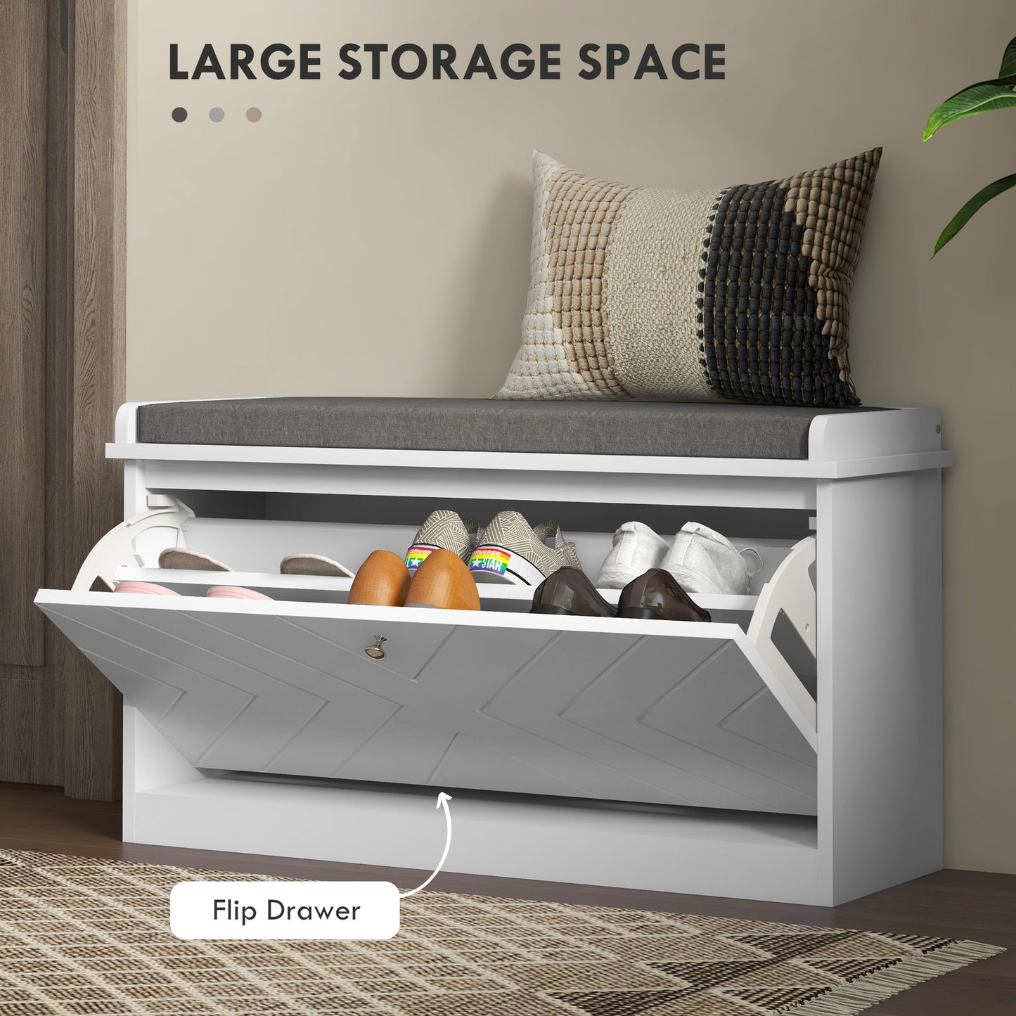 Entryway Shoe Bench with Storage Flip Drawer Adjustable Shelf for 8 Pairs Cushioned Hallway Bench White Kids Crystal