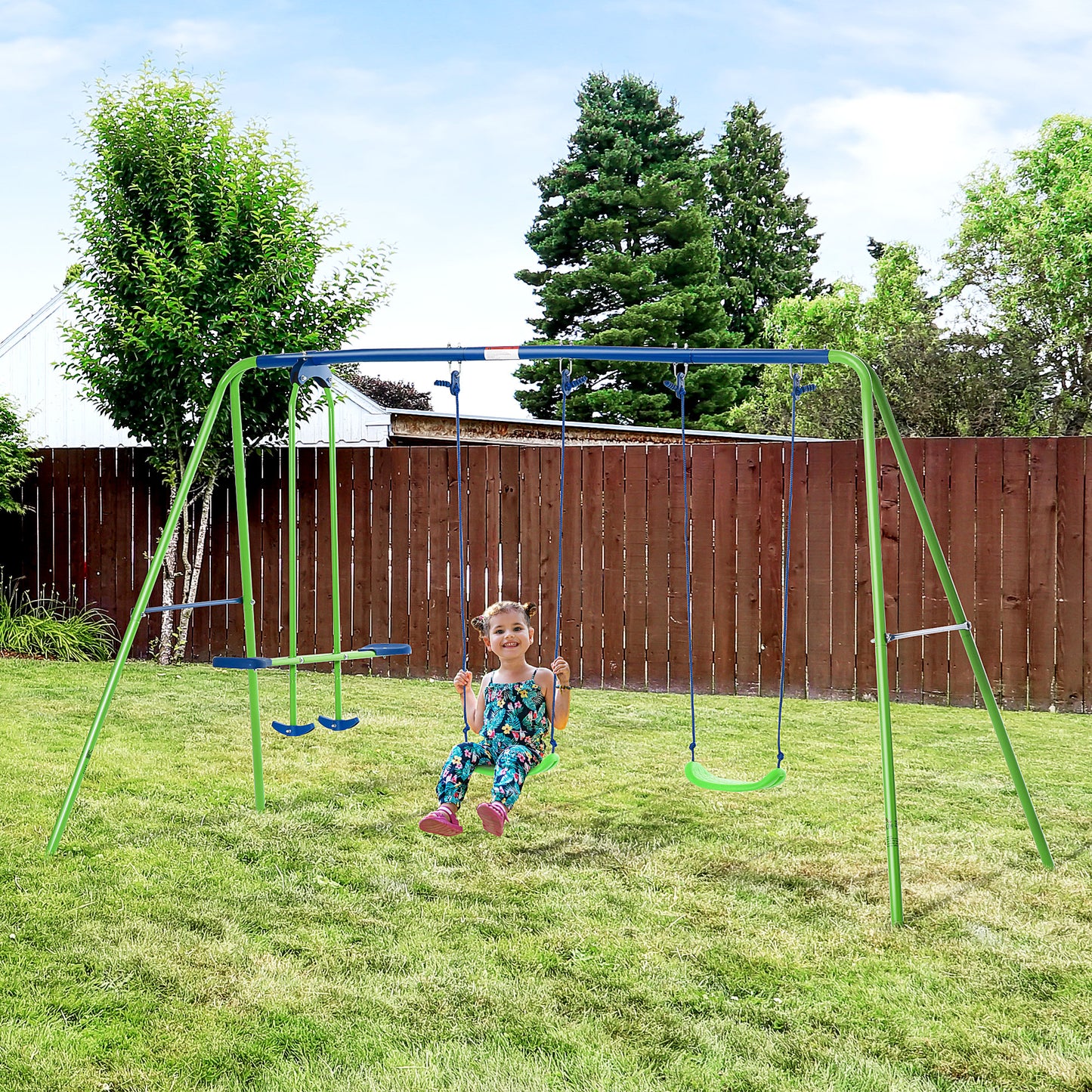 Swing Set for Kids with Glider, 2 Swing Seats, Heavy Duty A-Frame Metal Stand Outdoor Playground Playset, Green Kids Crystal