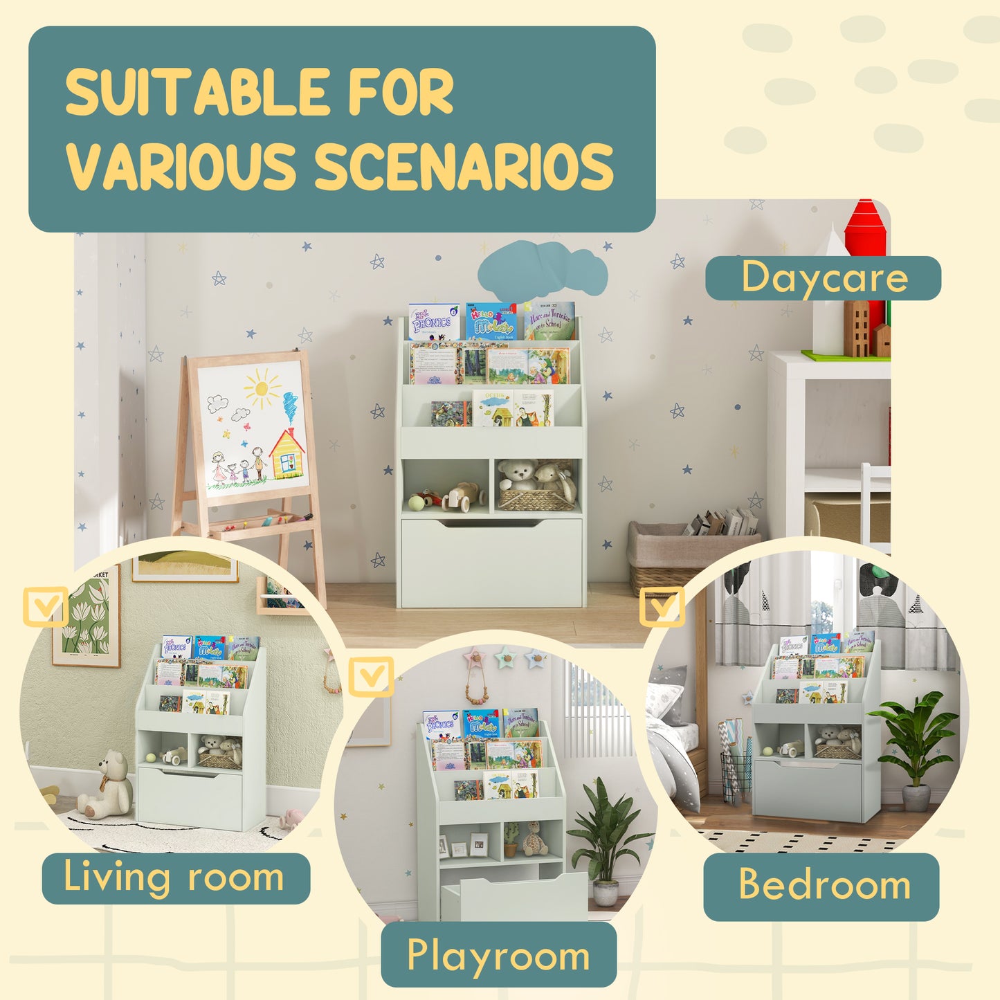 Kids Bookcase with Storage Drawer for Books, Reading Nook, for Classroom, Bedroom, Playroom, Green Kids Crystal