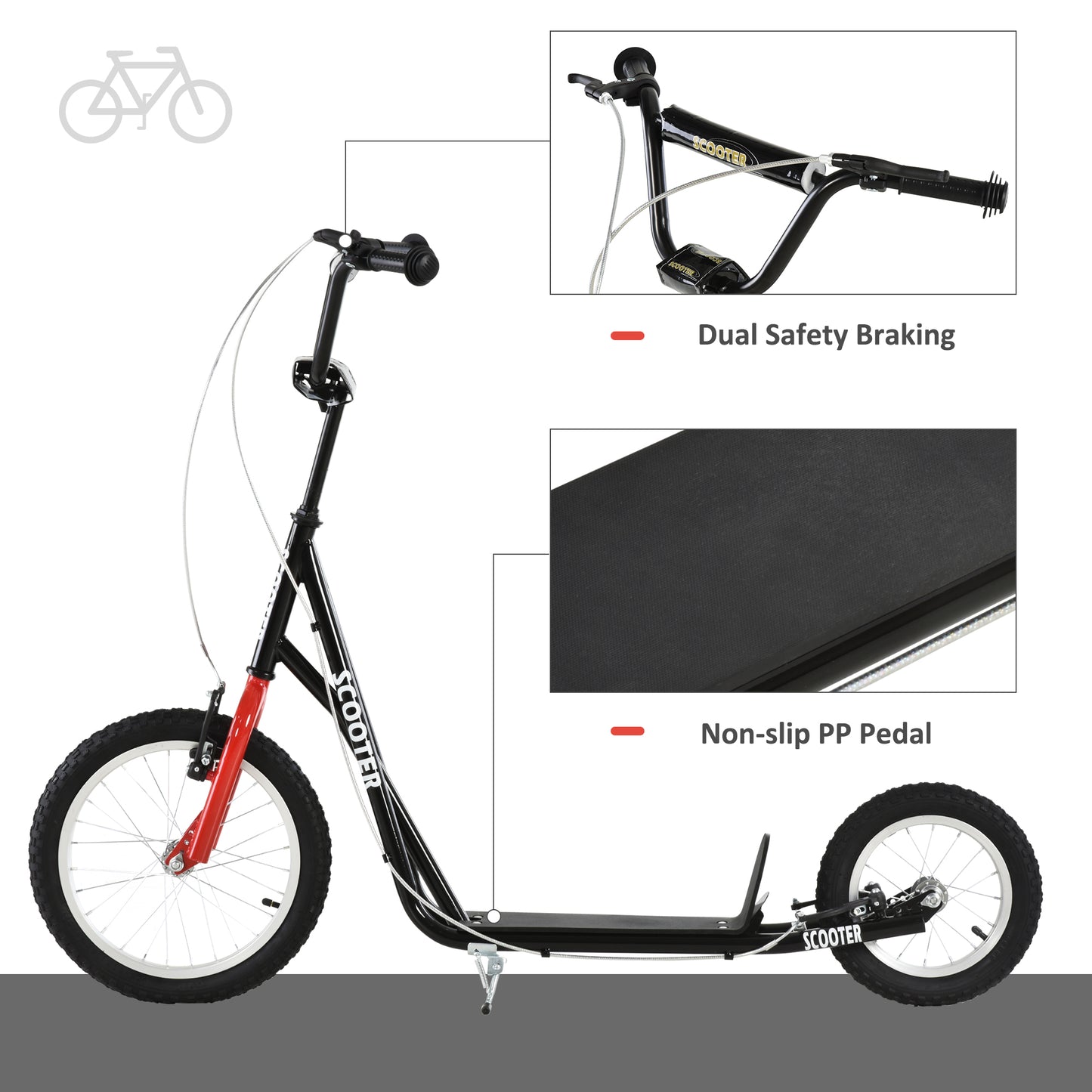 Teens Youth Kick Scooter Adjustable Handlebar Ride On Toy For 5+ w/ Front and Rear Dual Brakes Inflatable Wheels Black Kids Crystal
