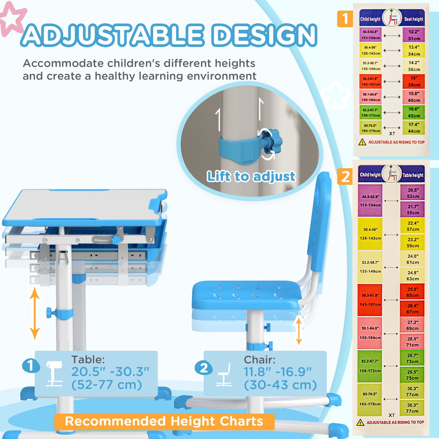 Height Adjustable Study Table and Chair Set with Drawer, Pen Slot, Tiltable Desktop, Hook, Blue Kids Crystal