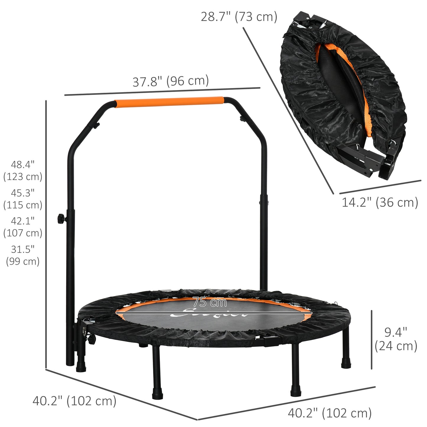 40" Foldable Mini Fitness Trampoline, with Adjustable Foam Handle, Orange Kids Crystal