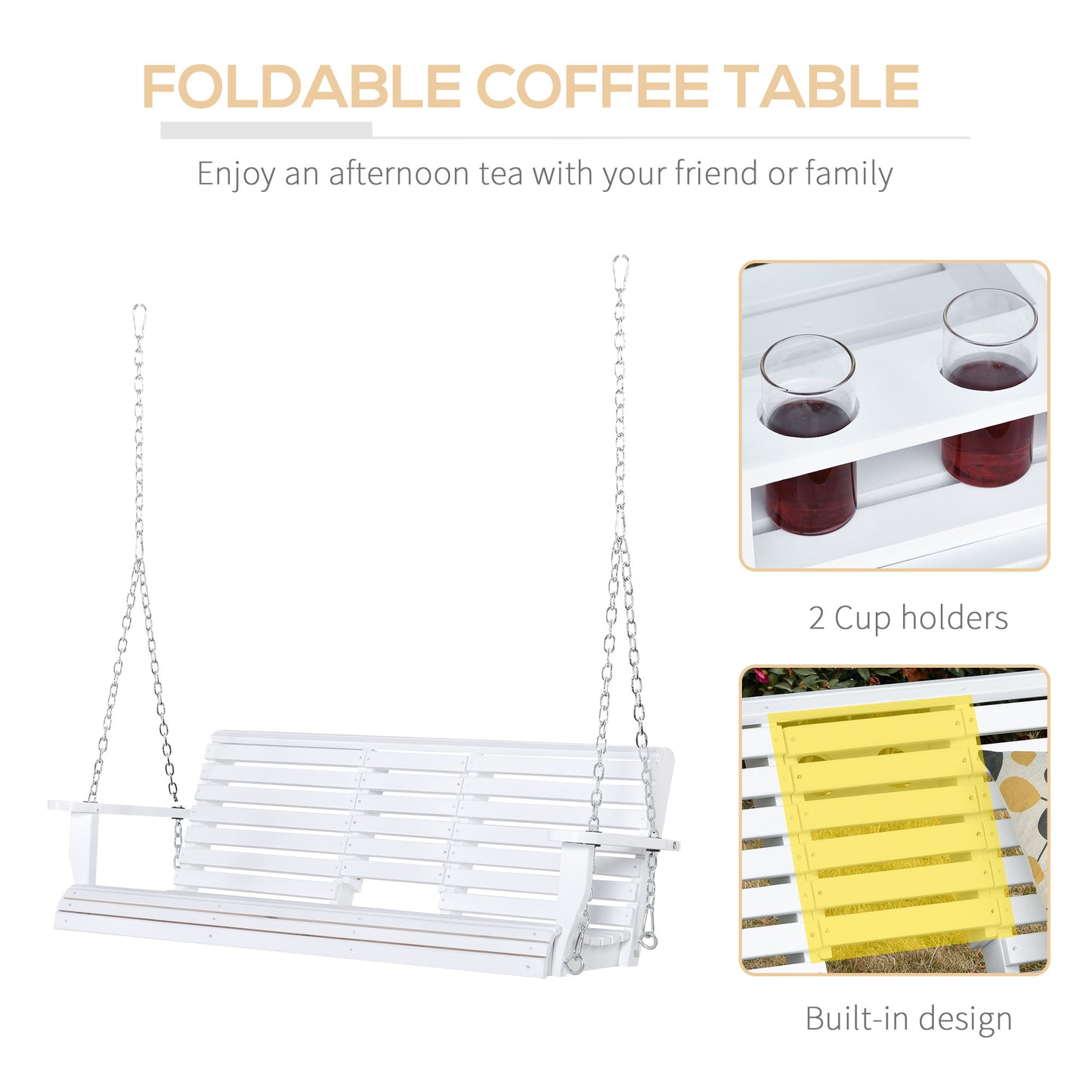 2 to 3 Seater Porch Swing Wood Patio Swing Chair Swing Bench with Foldable Table, Cup Holders, Steel Chains Garden, Patio Kids Crystal
