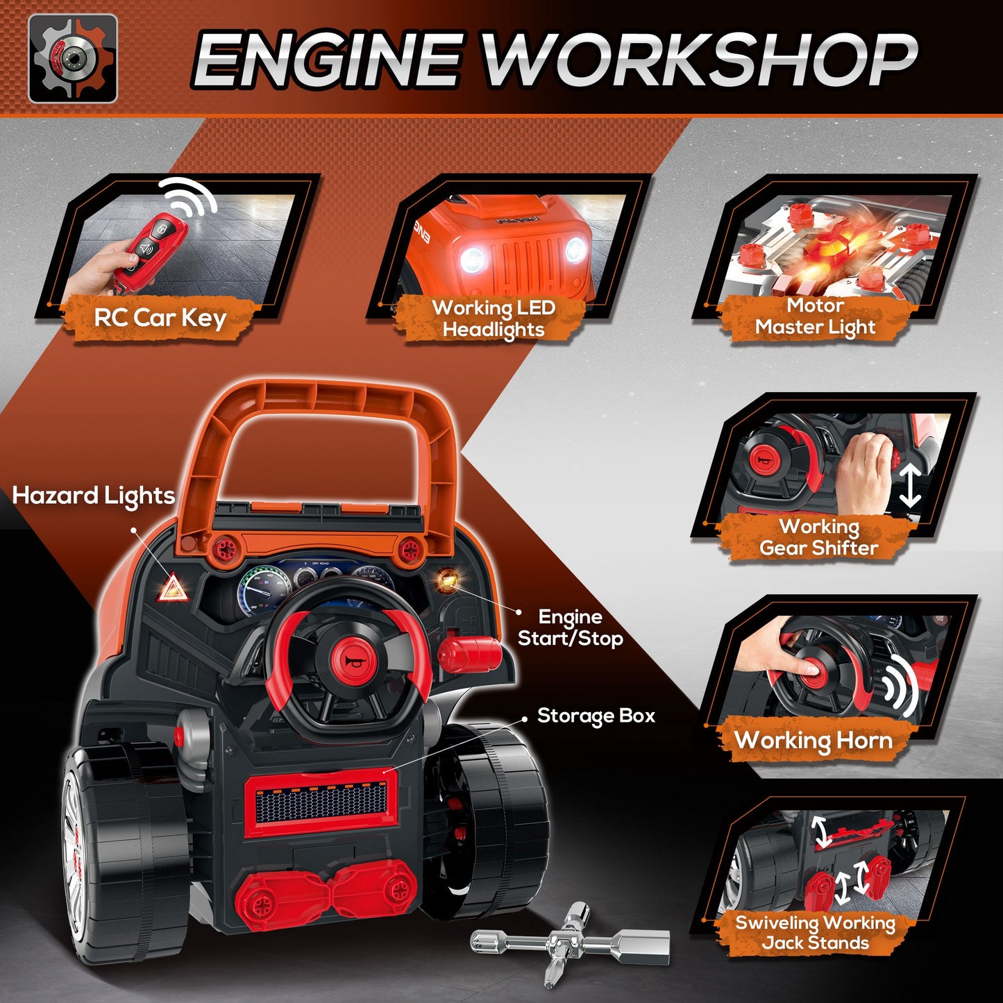 Mechanic's Delight: Educational Kids Truck Engine Toy Set, Car Service Station Playset with Steering Wheel, RC Car Key, Orange Kids Crystal