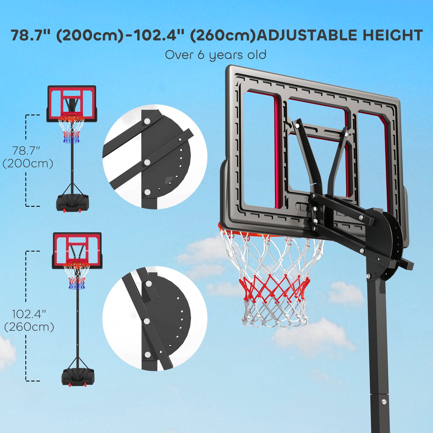 Kids Basketball Hoop, 6.6-8.5ft Adjustable Height Basketball Net with Weight Bag, for Indoor Outdoor, for 6+ Years Kids Crystal