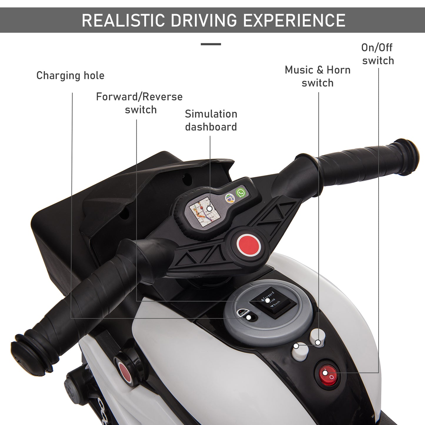 Kids Electric Pedal Motorcycle Ride-On Toy 6V Battery Powered with Music Horn Headlights for Boys and Girls White Kids Crystal