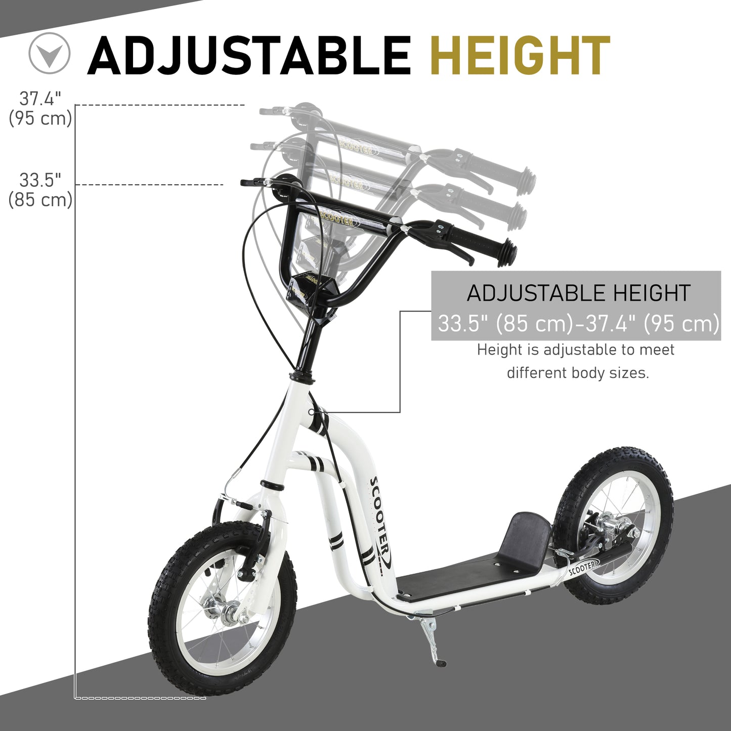Dual Brakes Kick Scooter 12-Inch Inflatable Front Wheel Ride On Toy for Age 5+, White Kids Crystal