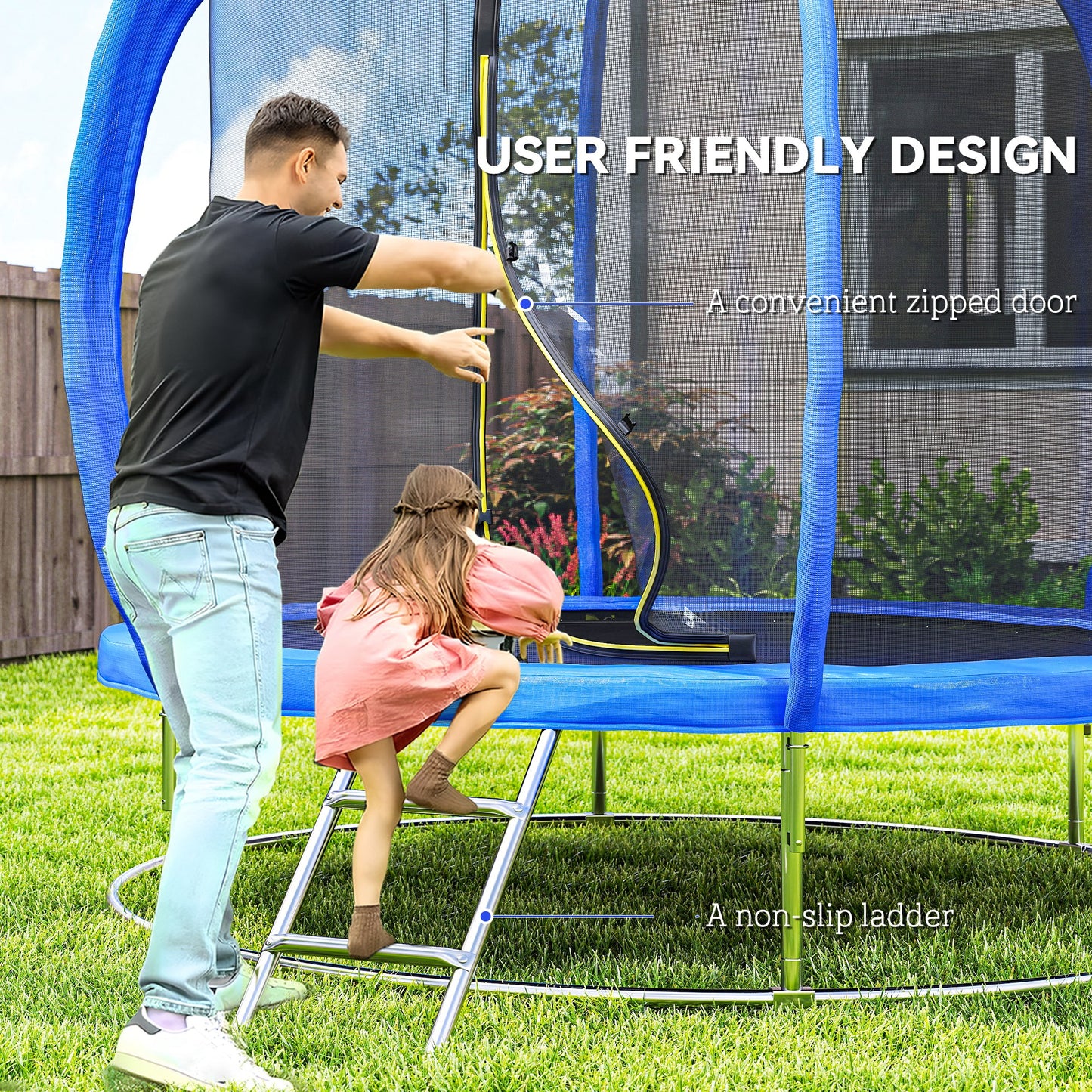 8ft Kids Trampoline Outdoor, ASTM Certified, with Circular Base, Enclosure Net, Ladder and Curved Poles Kids Crystal