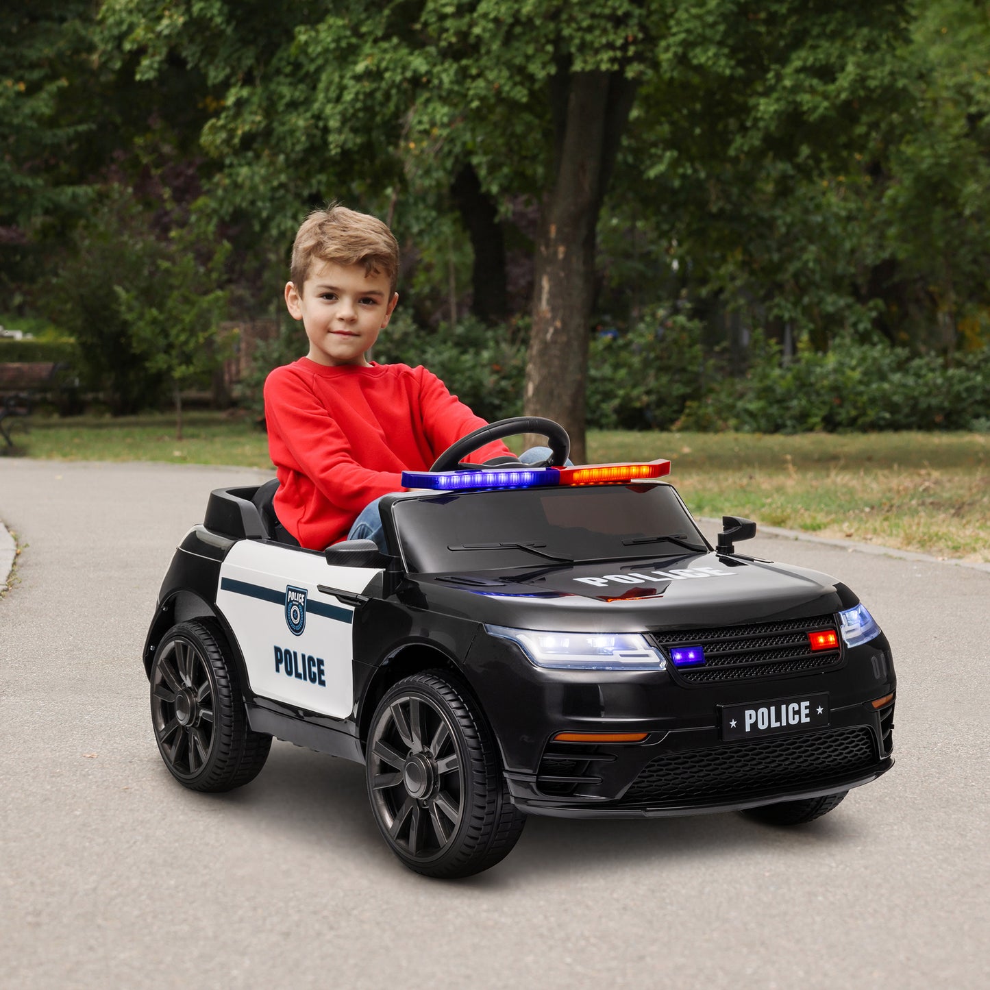 12V Kids Electric Police Car w/ Remote Control, Spring Suspension, Training Wheel, Siren, Music, Light, Horn, Black Kids Crystal