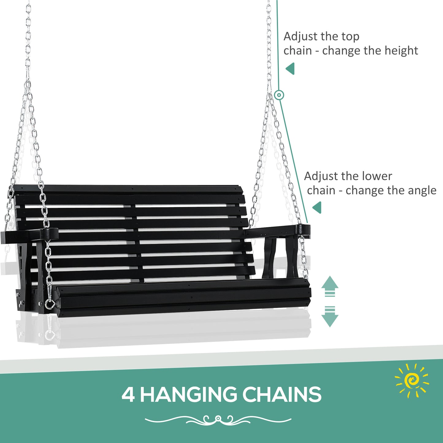 2 Seater Porch Swing Wooden Bench Chair Patio Outdoor Furniture Swing with Cup Holders Chains Garden Yard Black Kids Crystal