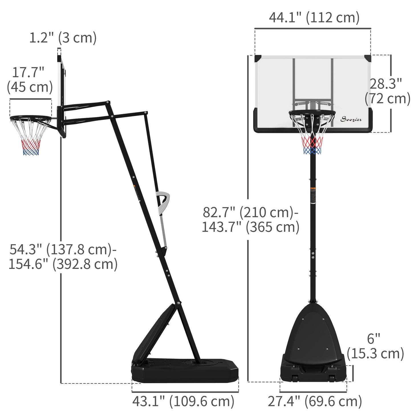Basketball Hoop Outdoor, 5-10ft Portable Basketball Goal with 44" Shatterproof Backboard, Rebound System, Wheels Kids Crystal