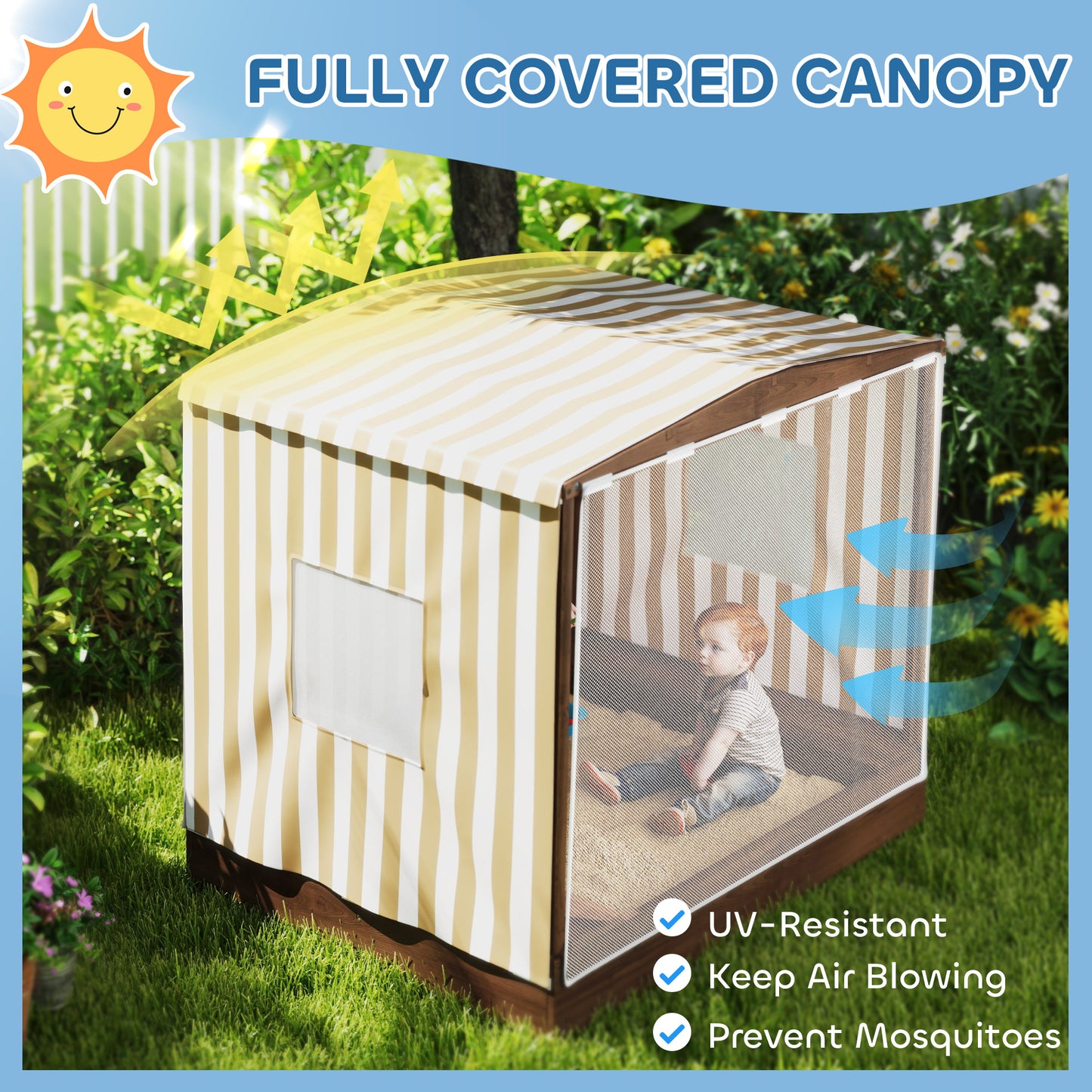 Kids Sandbox with Full Covered Canopy, Bench Seats, Bottom Liner, for Ages 3-6, 56" x 40" x 52" Brown Kids Crystal