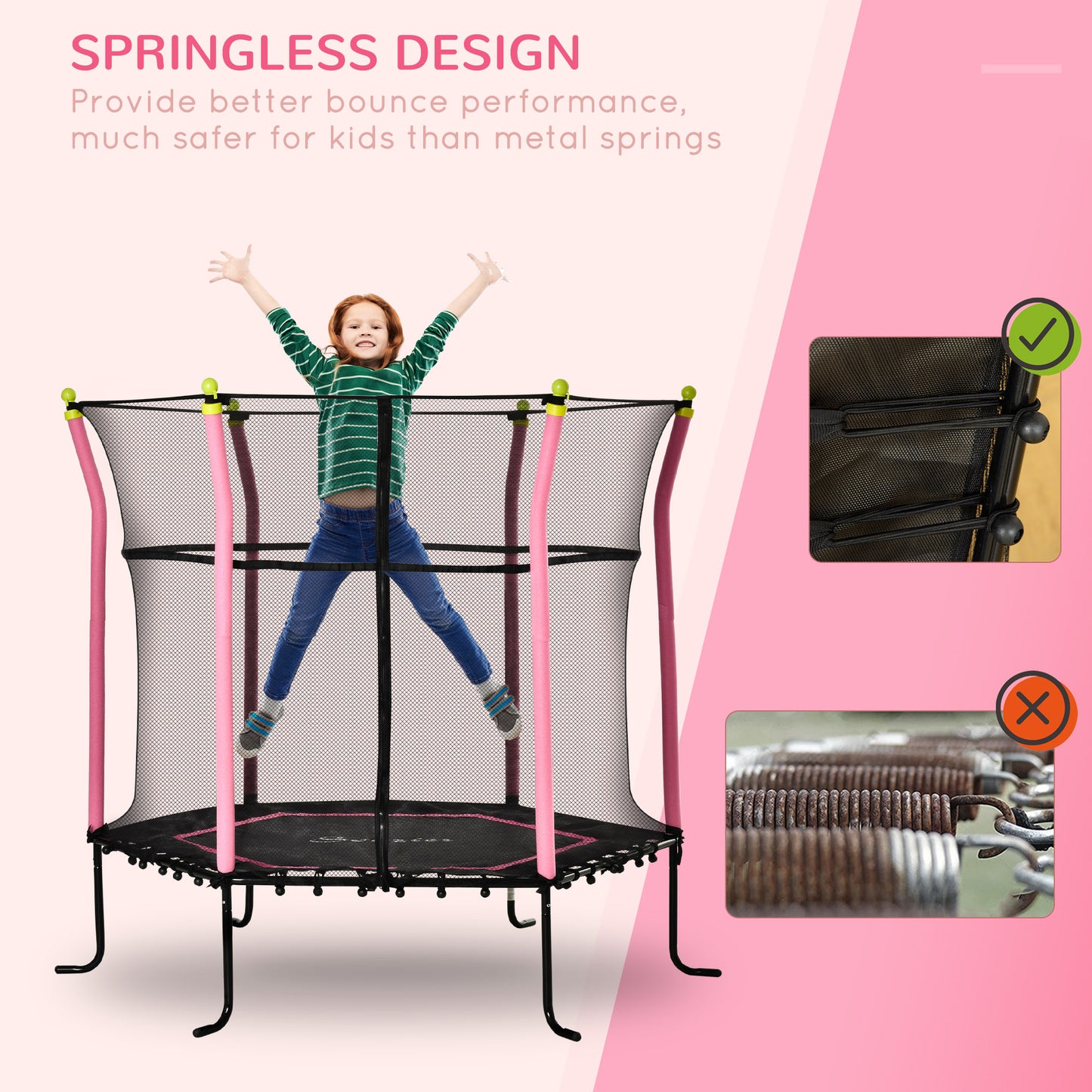 63" Kids Trampoline Mini Indoor/Outdoor Bouncer Jumper Enclosure Net Elastic Padded Pole Gift Pink 3-10 Years Kids Crystal