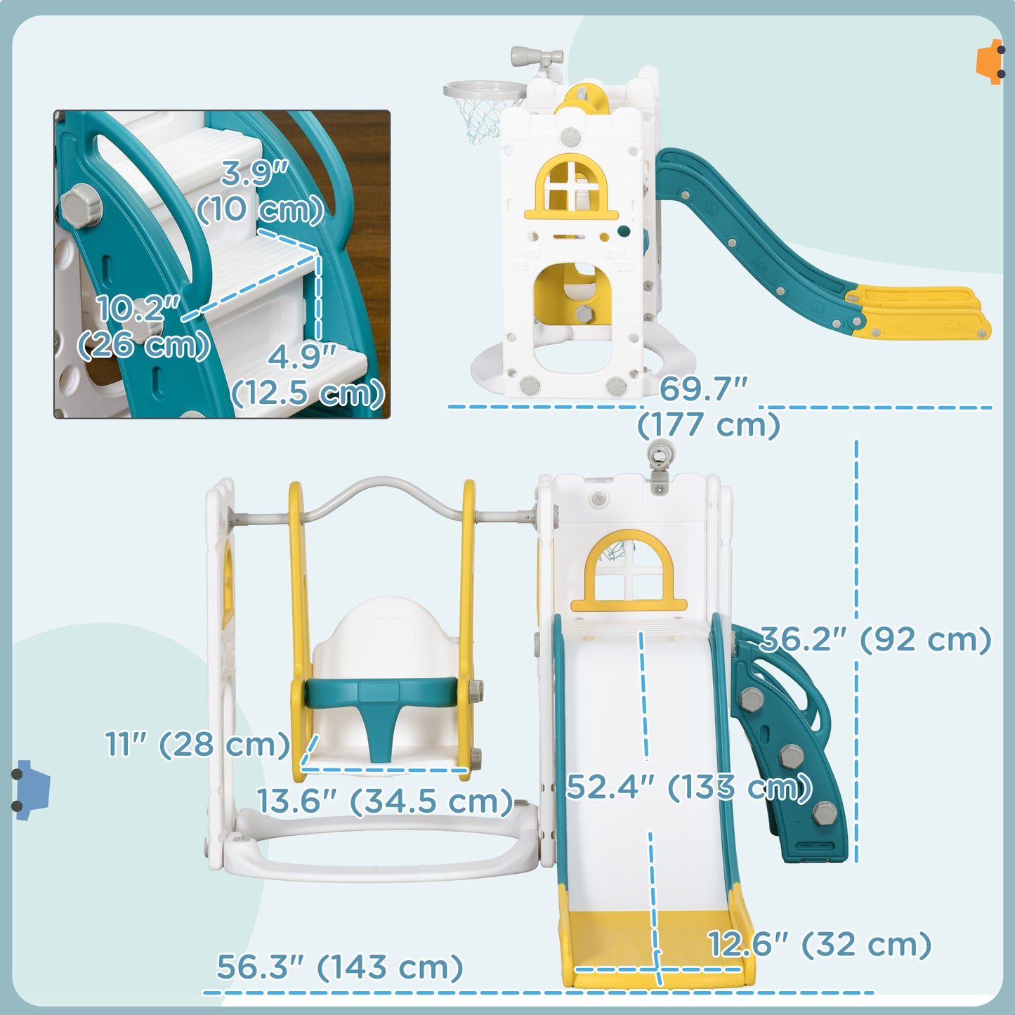 6-in-1 Slide and Swing Set Baby Swing Playset Indoor with Basketball Hoop, Climber, Storage Space, Telescope, Yellow Kids Crystal