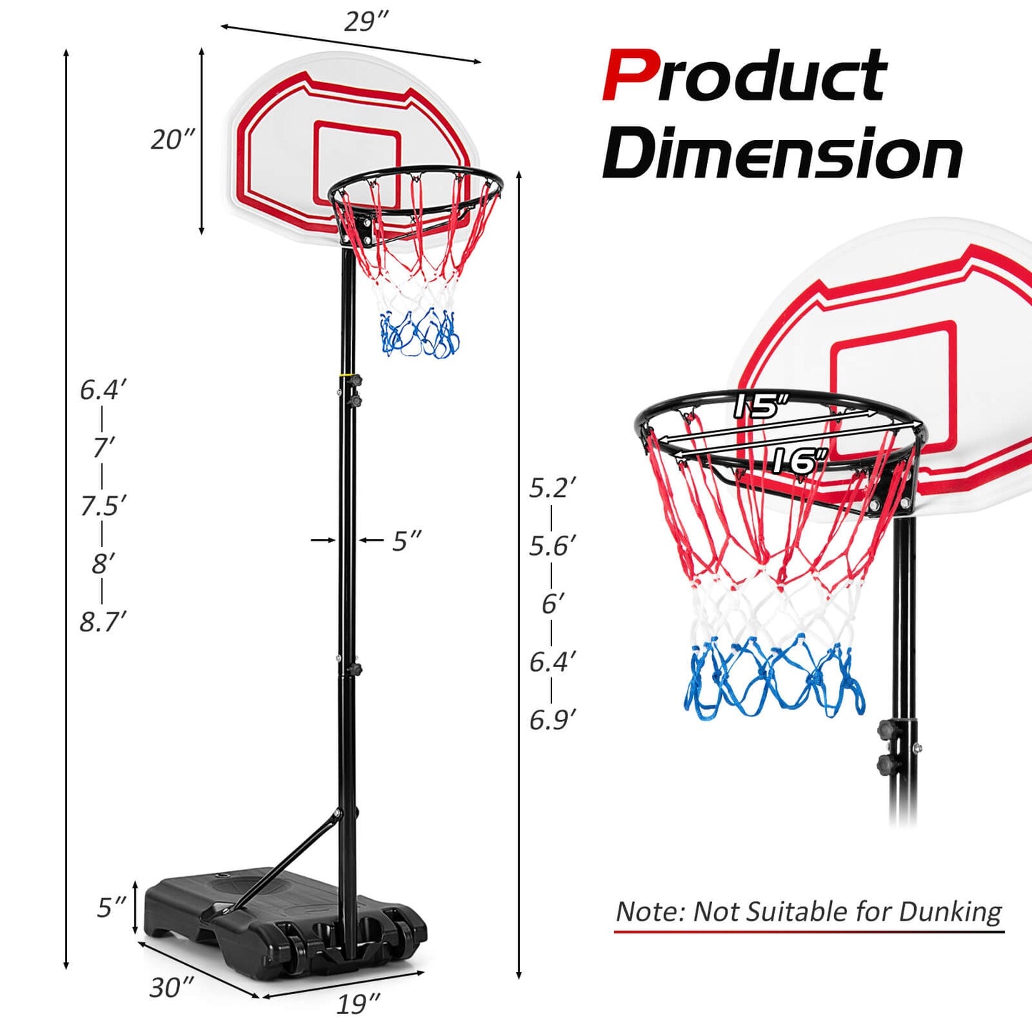 Height Adjustable Basketball Hoop with 2 Nets and Fillable Base Kids Crystal