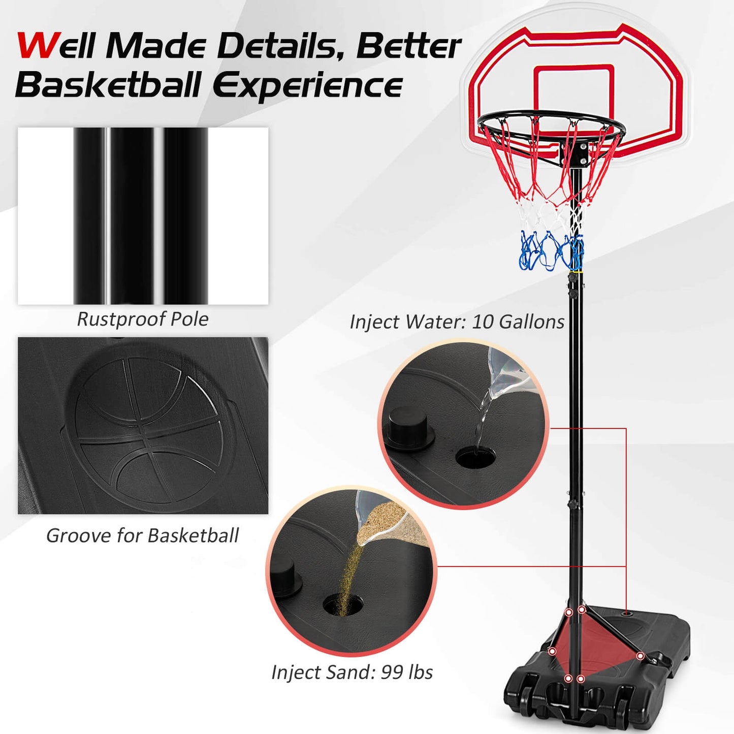 Height Adjustable Basketball Hoop with 2 Nets and Fillable Base Kids Crystal