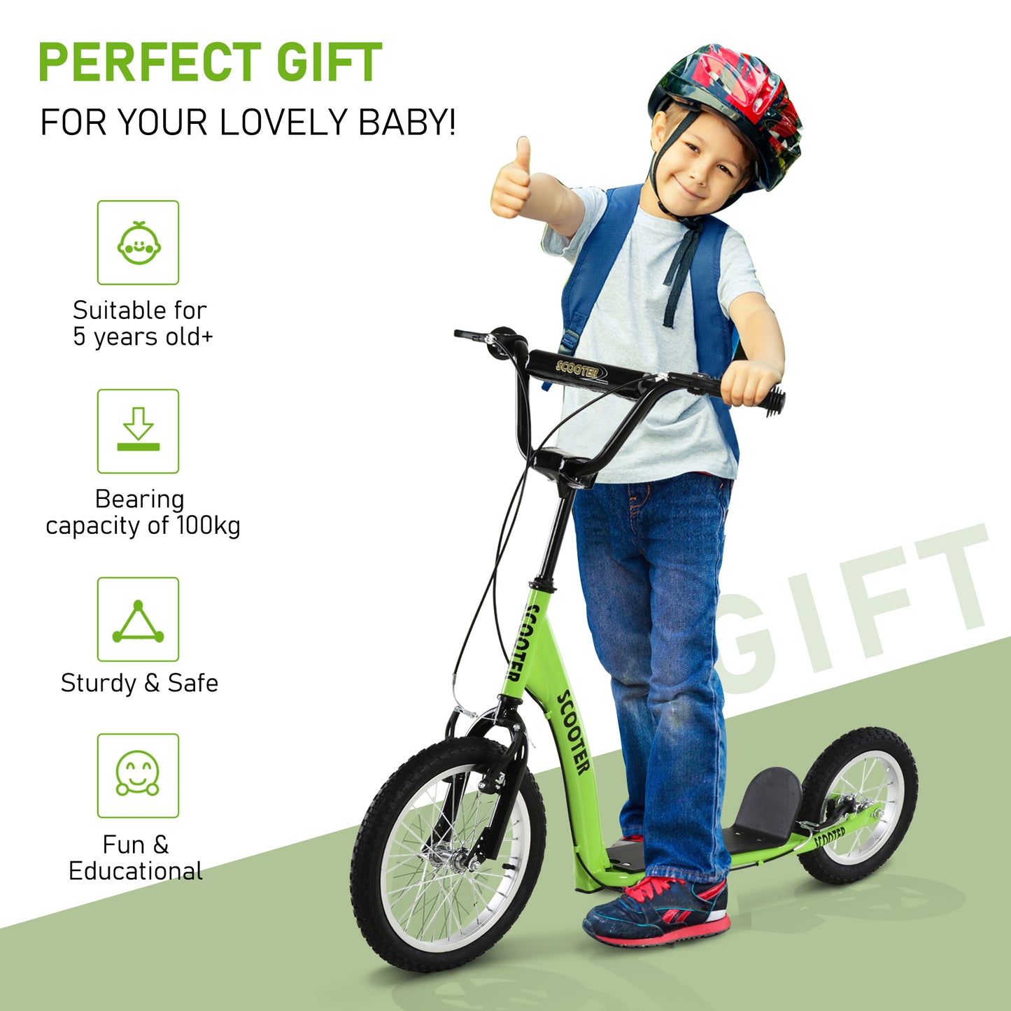 Kids Scooter with Adjustable Handlebar, Youth Kick Scooter with Dual Brakes, Inflatable Wheels, for Age 5+, Green Kids Crystal