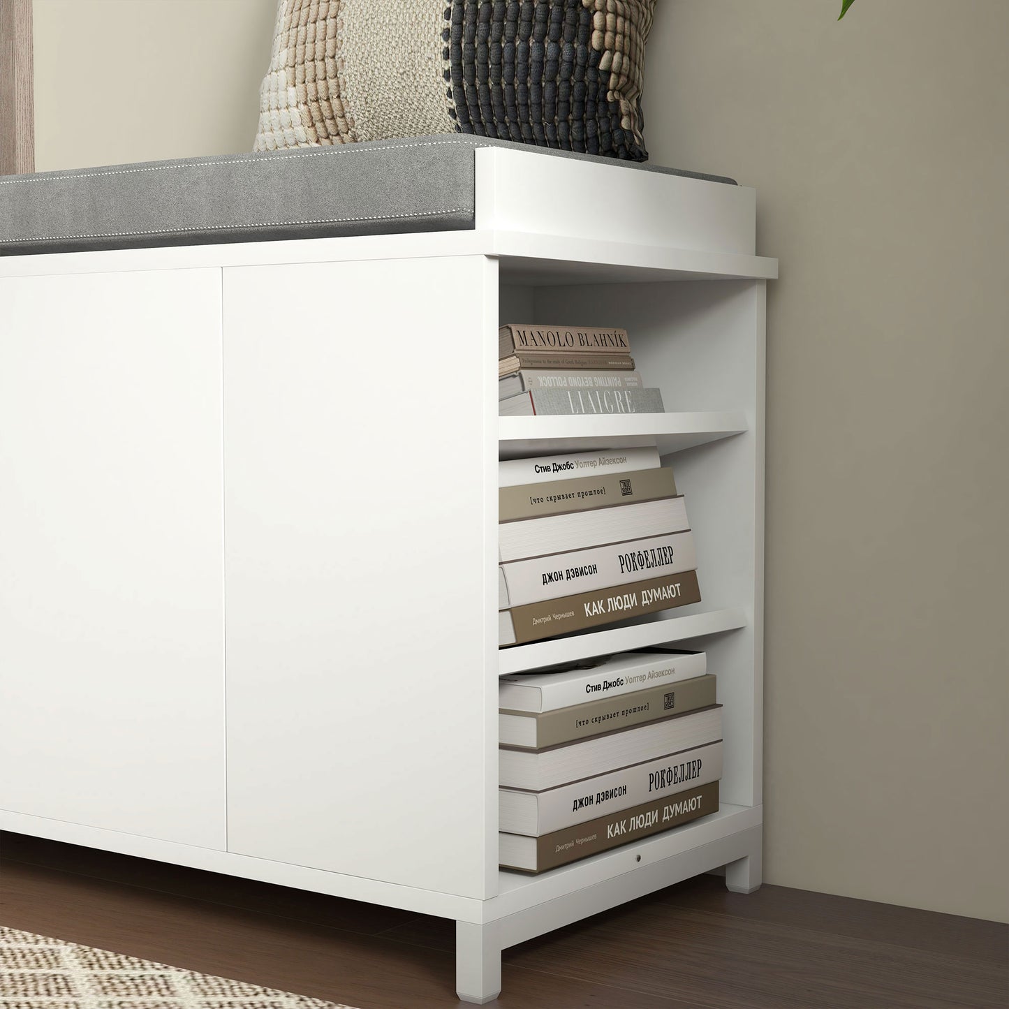 Hallway Bench with Shoe Storage Seat White Upholstered Flip Drawer Side Rack for 6 Pairs Kids Crystal