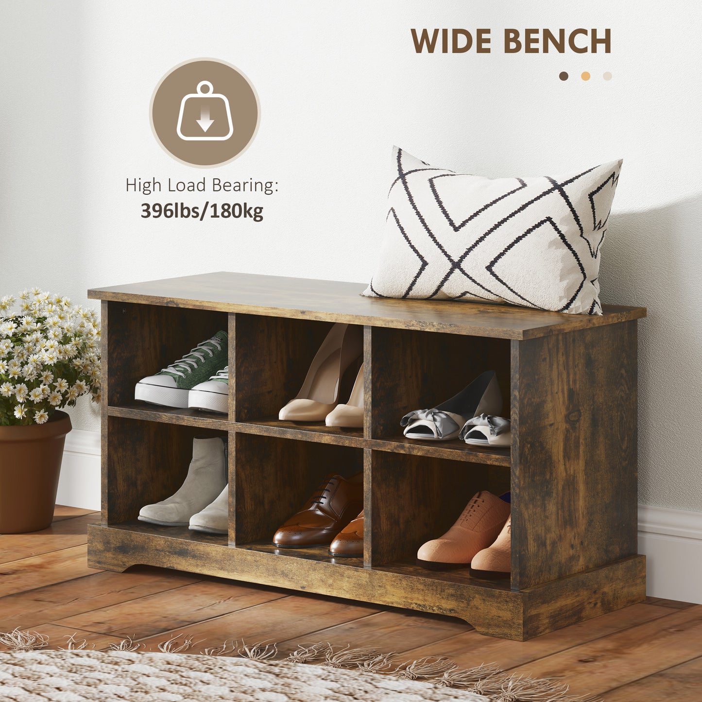 Coat Rack Shoe Bench Set, Entryway Shoe Bench with 8 Storage Cubbies, 4 Hooks for Hallway, Living Room, Rustic Brown