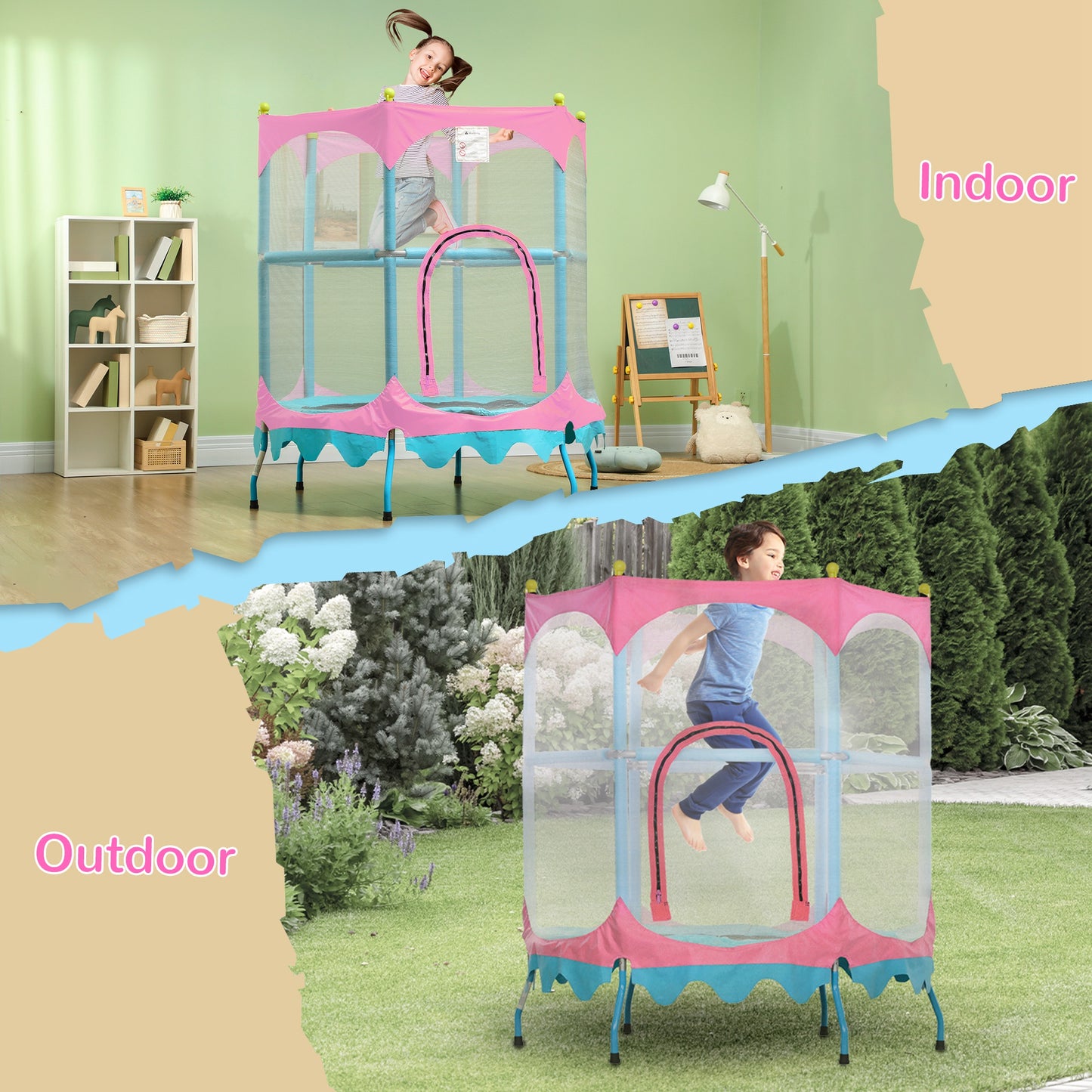 Trampoline for Kids, 4.6FT Mini Toddler Trampoline Indoor Outdoor with Handlebar, Safety Enclosure Net, Pink Kids Crystal